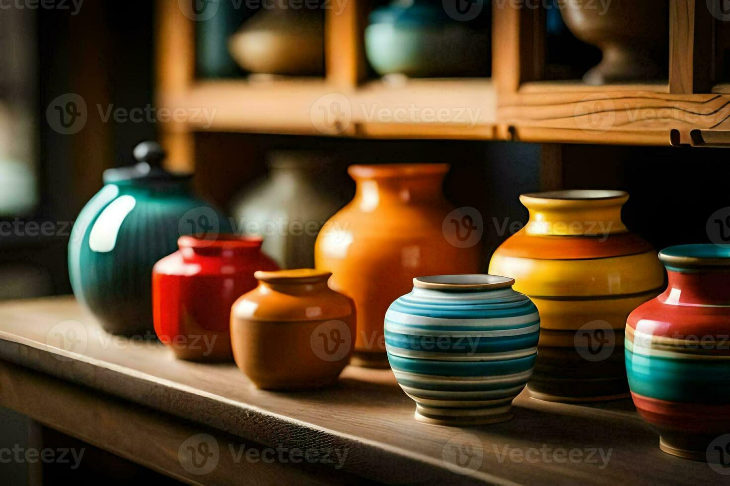 a row of colorful vases on a shelf. AI-Generated photo