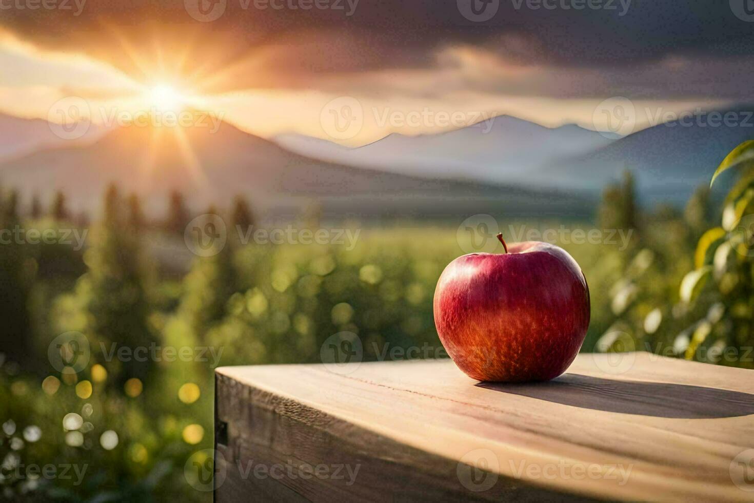an apple sits on a wooden table in front of a mountain. AI-Generated photo