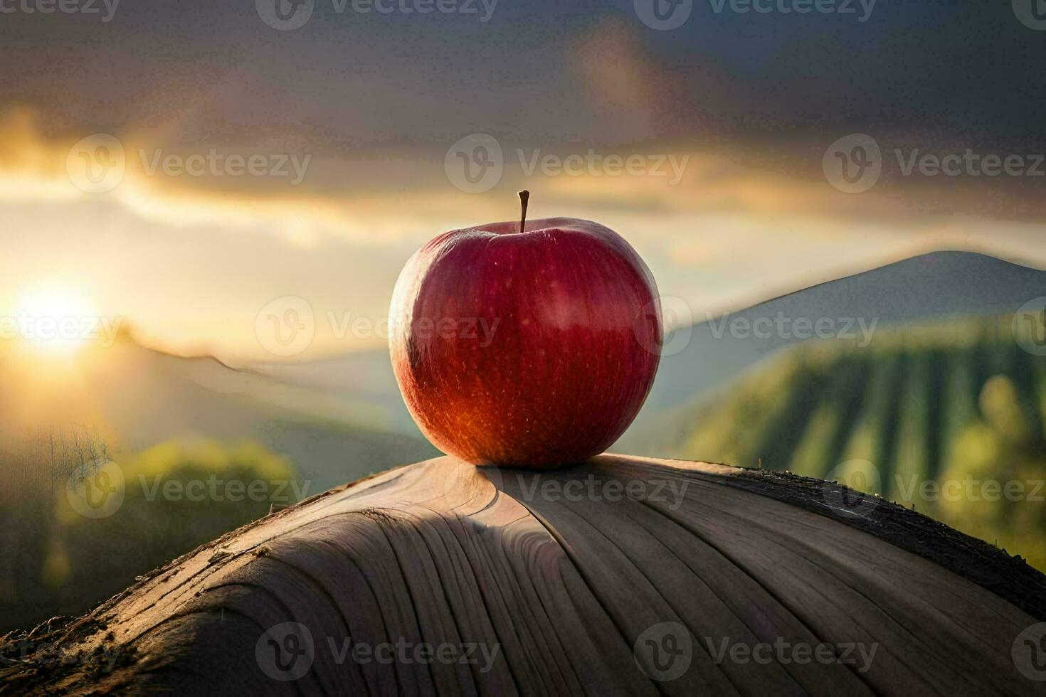 an apple sits on top of a wooden stump in front of a sunset. AI-Generated photo