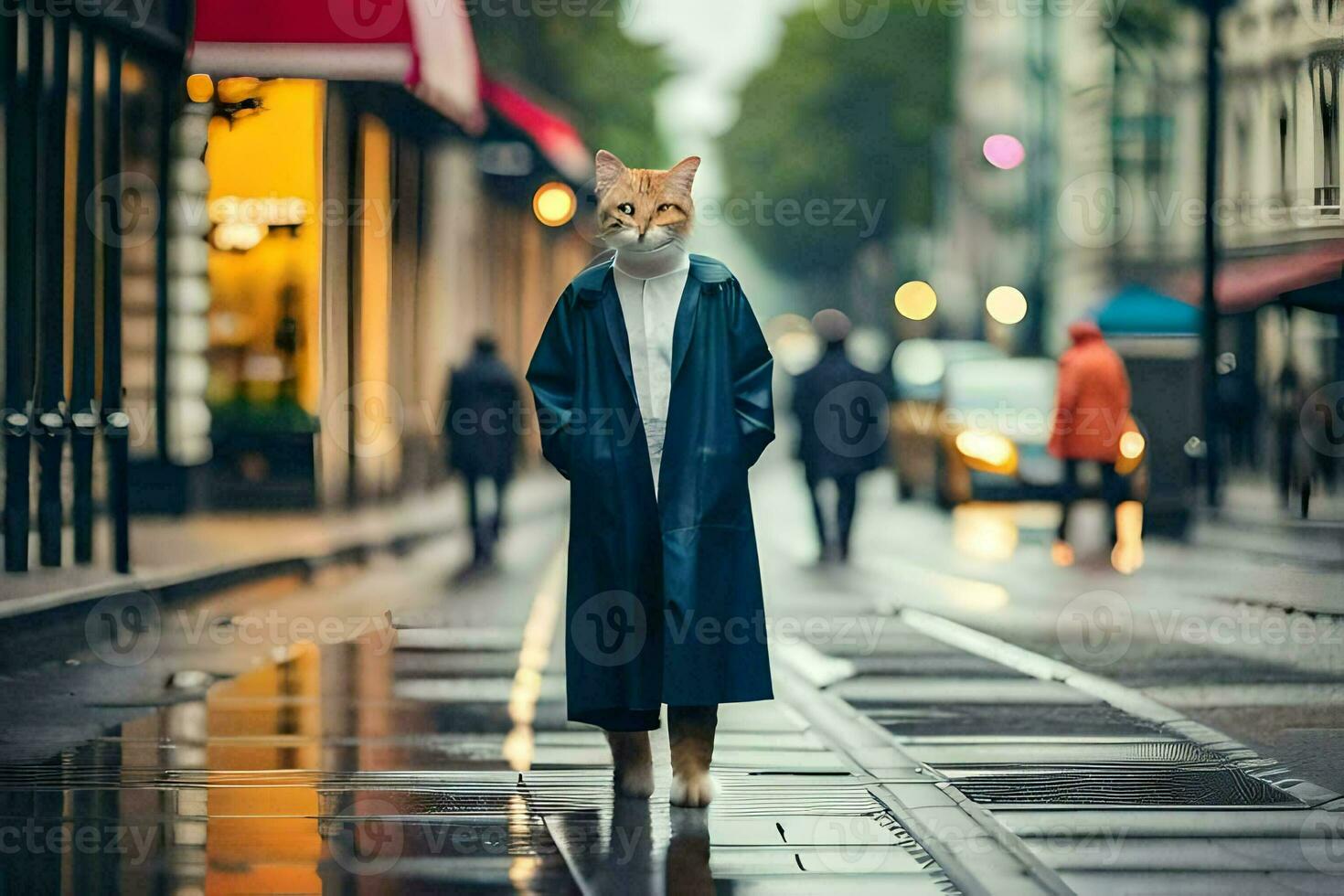 a cat wearing a coat and standing on a wet street. AI-Generated photo
