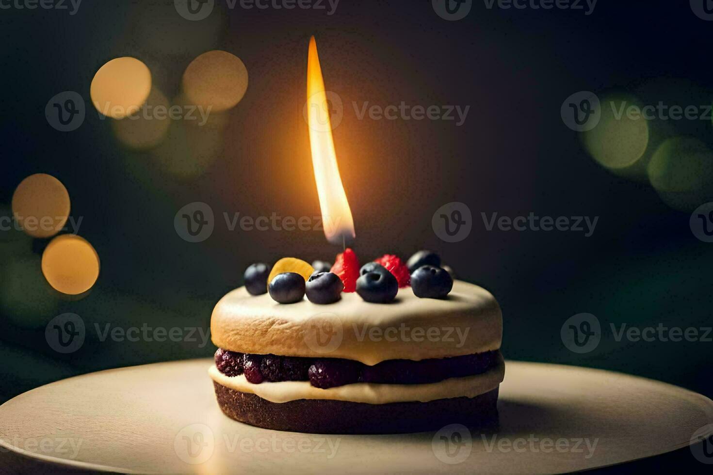 a small cake with berries and a candle. AI-Generated photo