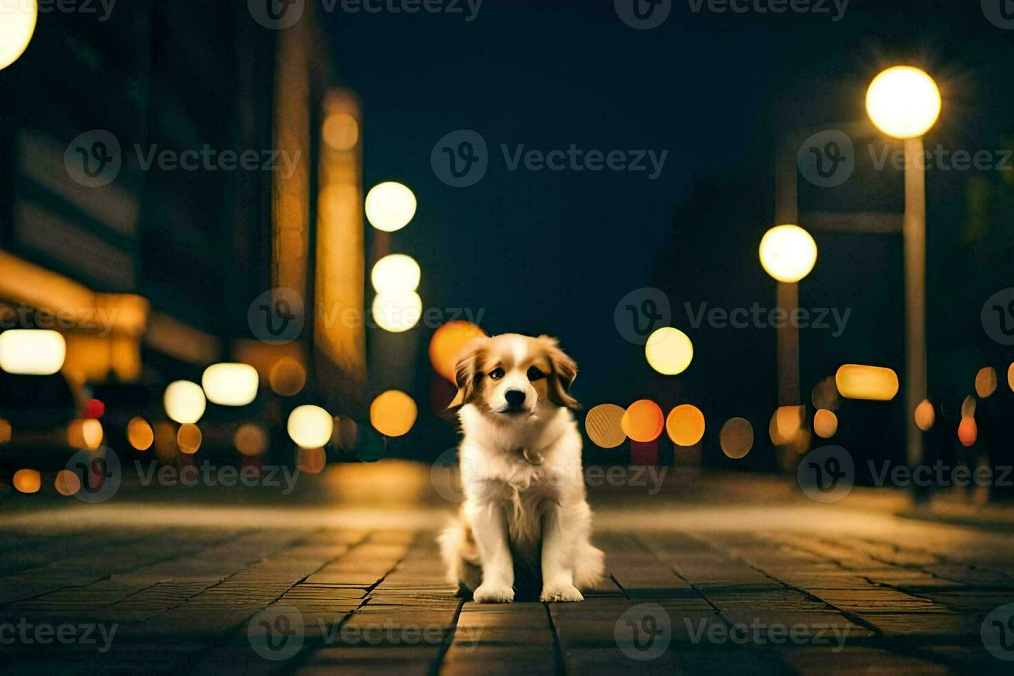 a dog sitting on the street at night. AI-Generated photo