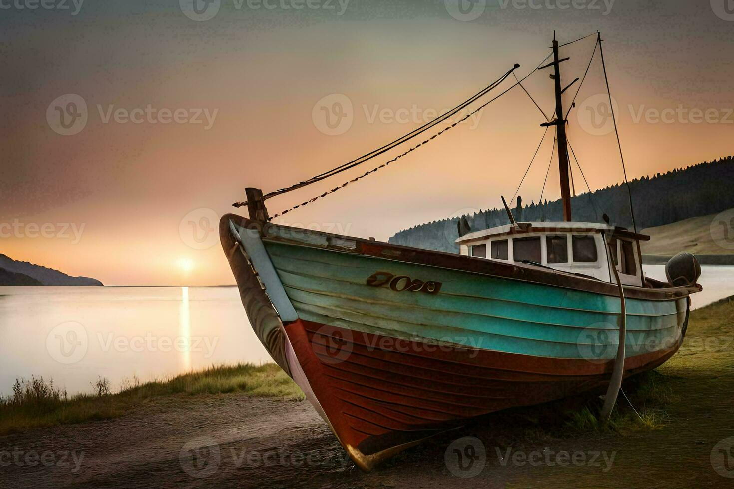 a boat sits on the shore at sunset. AI-Generated photo