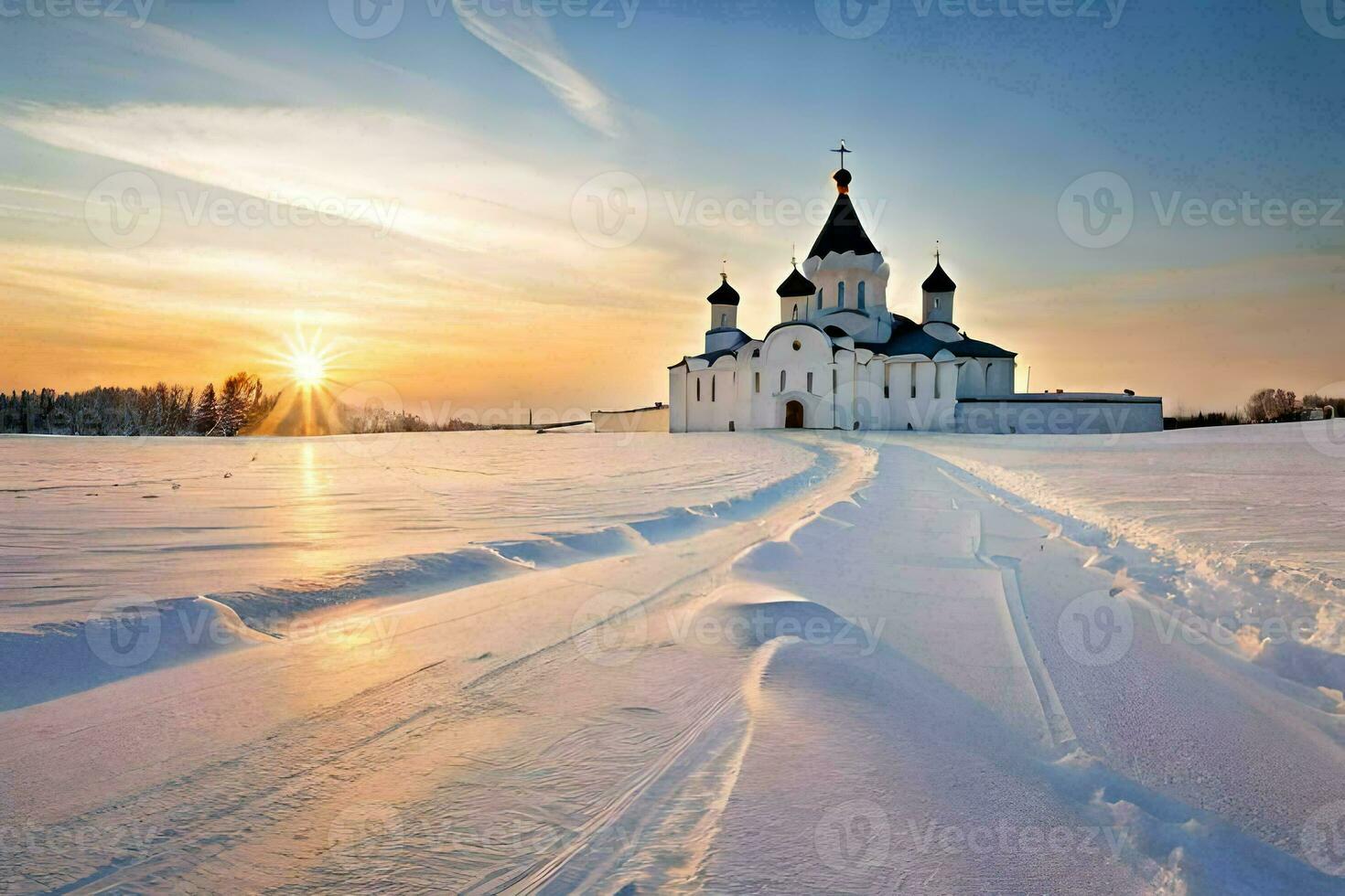 a church in the snow with the sun setting behind it. AI-Generated photo