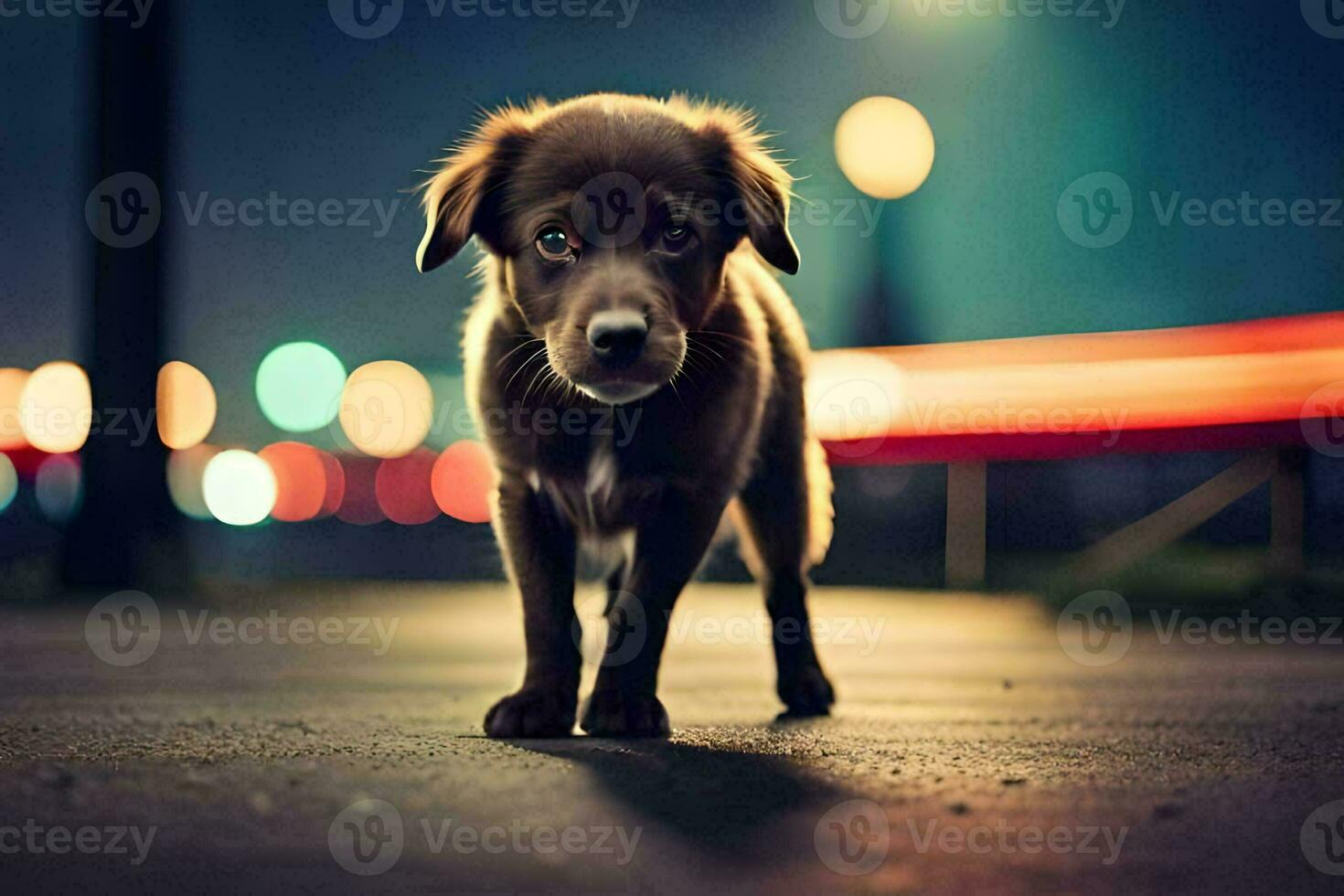 a puppy is standing on the street at night. AI-Generated photo
