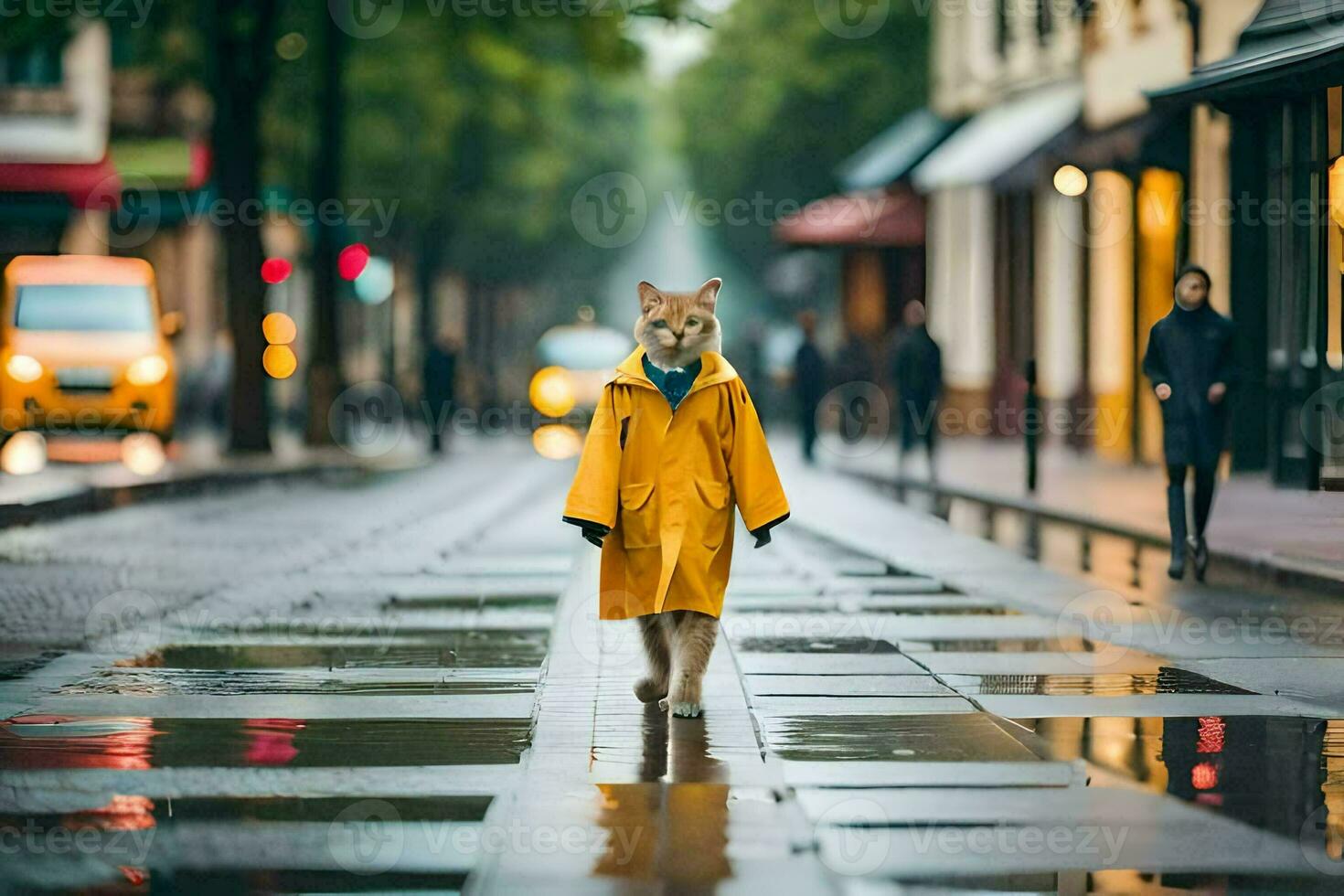 a dog in a raincoat walking down a street. AI-Generated photo