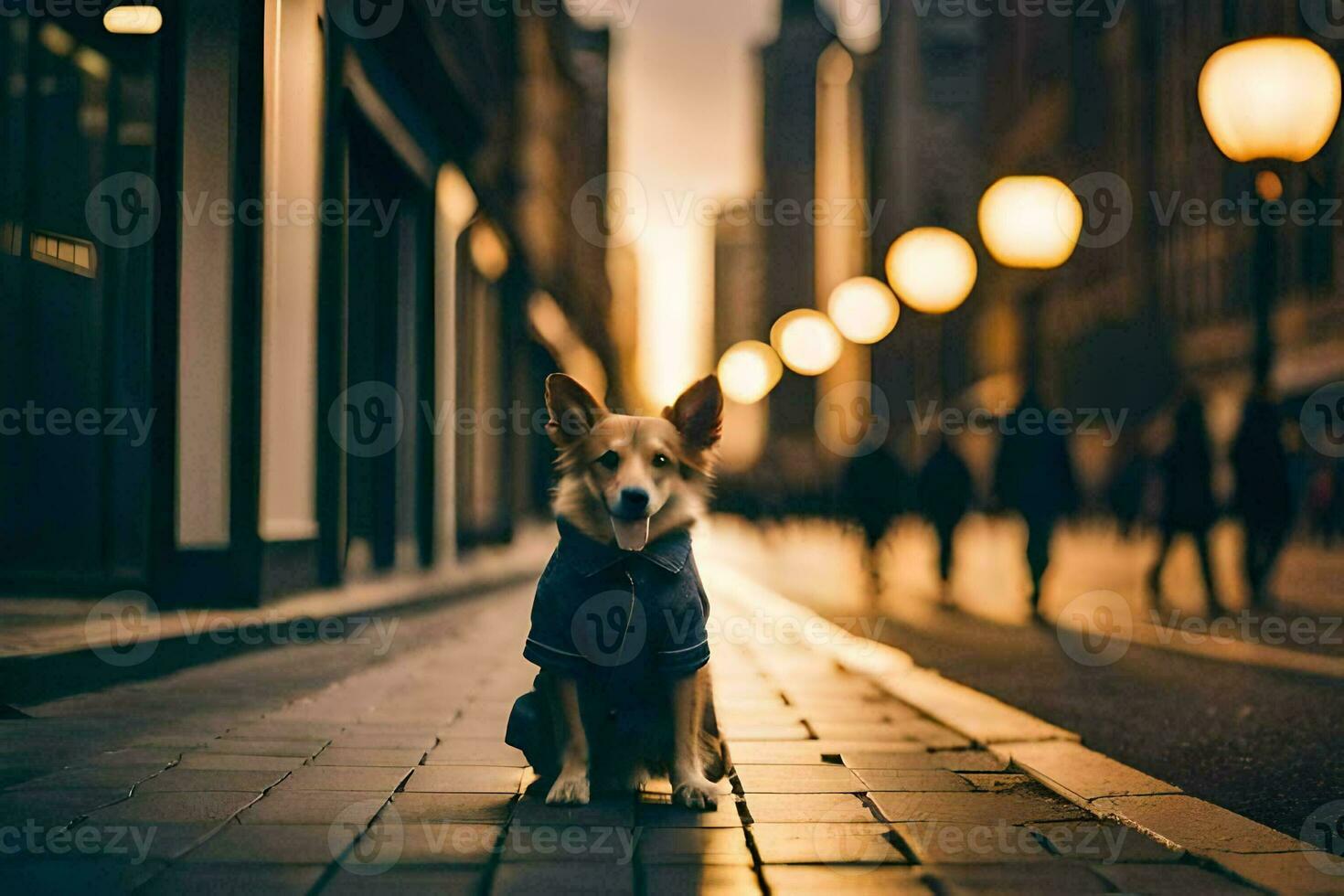 a dog sitting on the street in a city. AI-Generated photo
