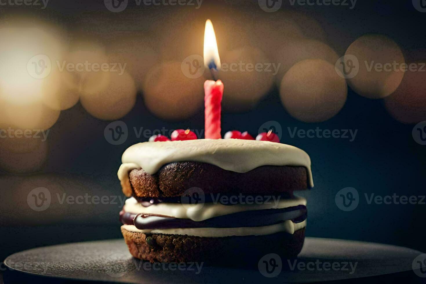 a birthday cake with a lit candle. AI-Generated photo