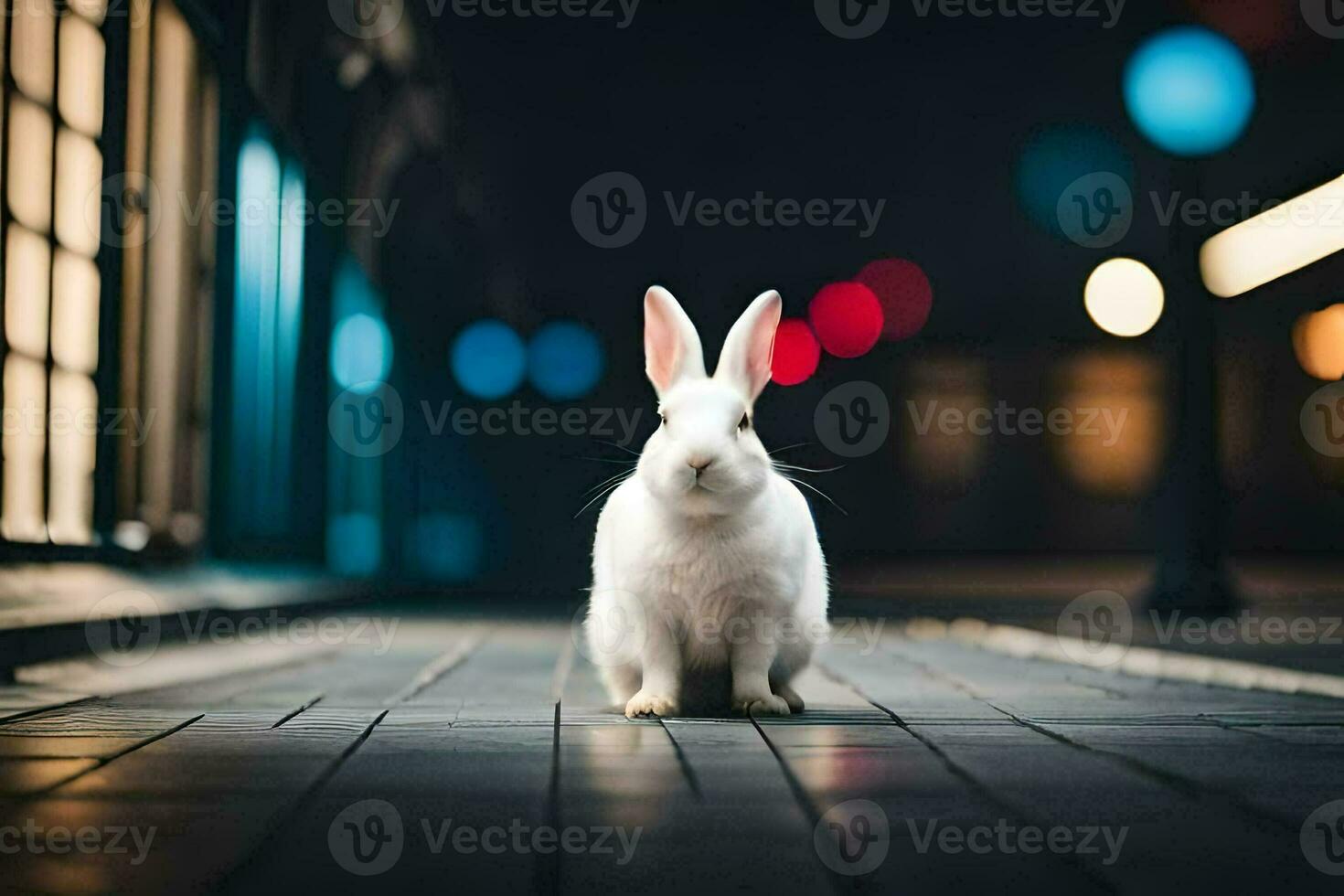 white rabbit sitting on a wooden floor at night. AI-Generated photo