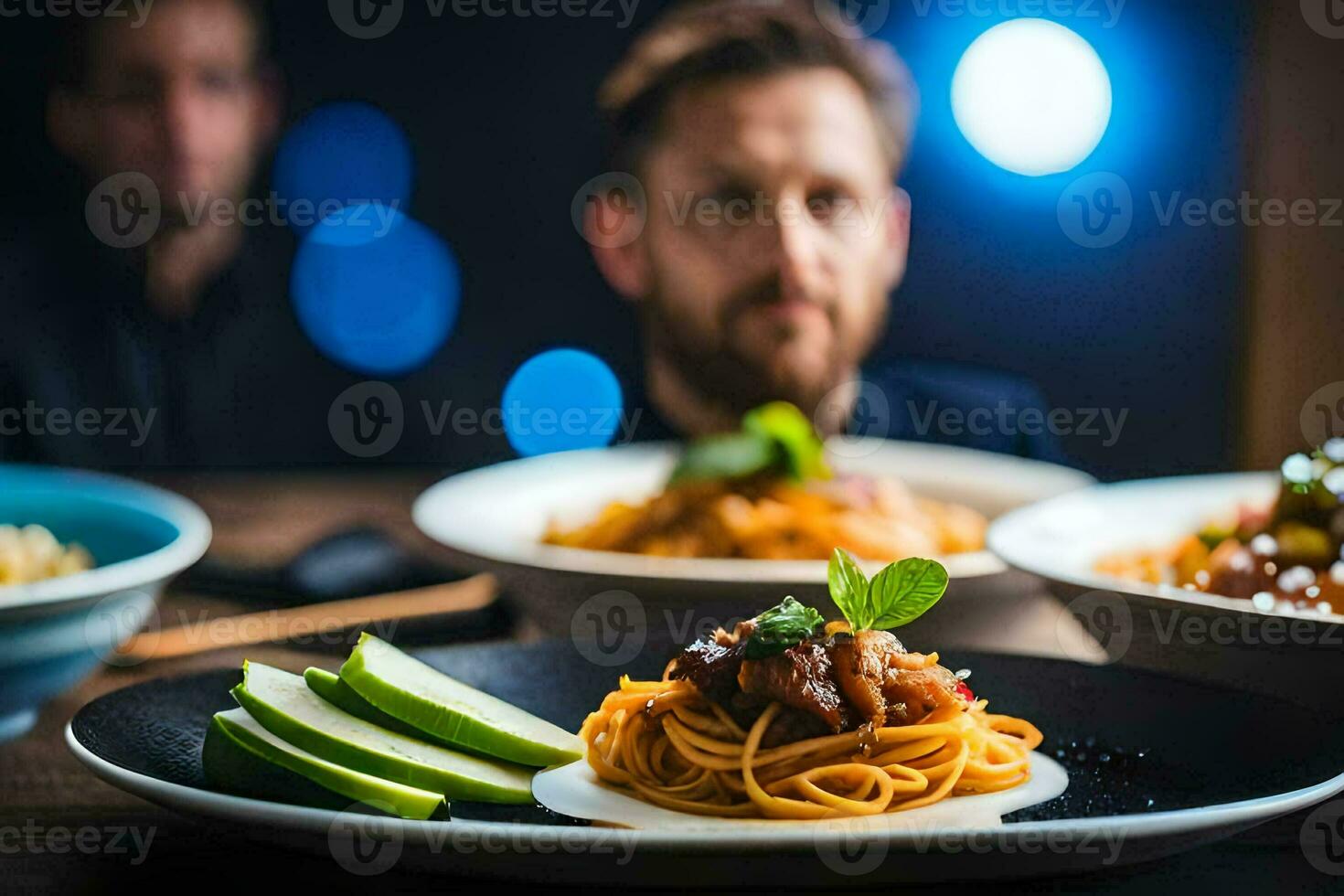 a man is sitting at a table with plates of food. AI-Generated photo