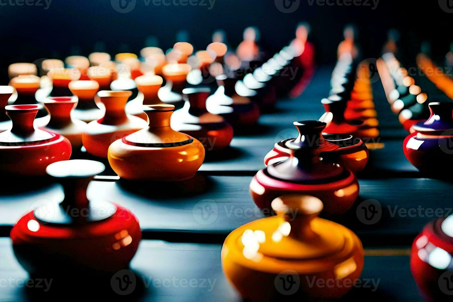 many colorful vases are sitting on a table. AI-Generated photo