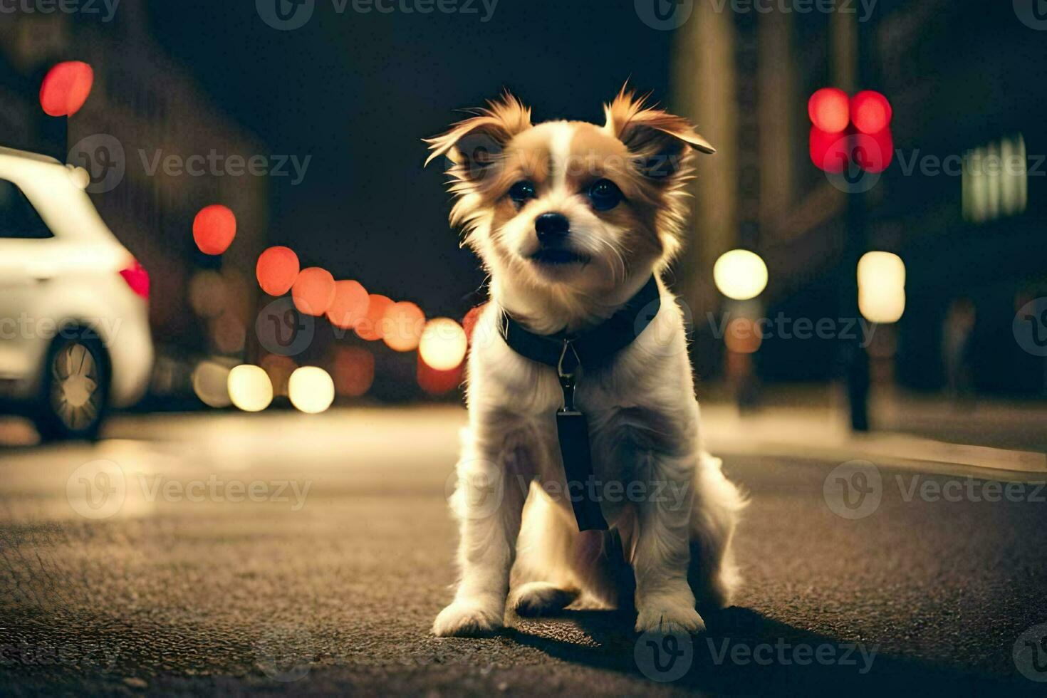 a small dog sitting on the street at night. AI-Generated photo