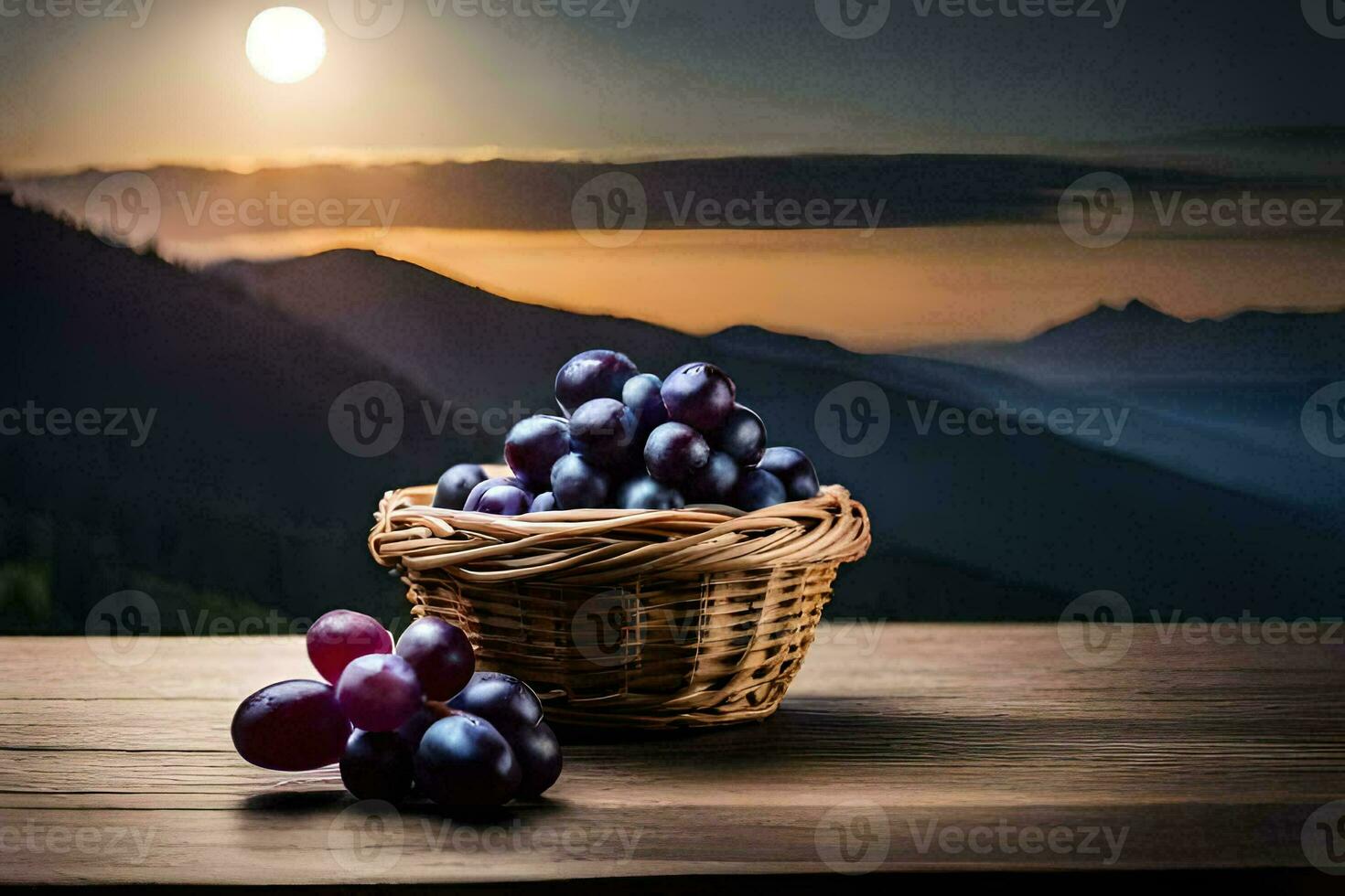 grapes in a basket on a wooden table with mountains in the background. AI-Generated photo