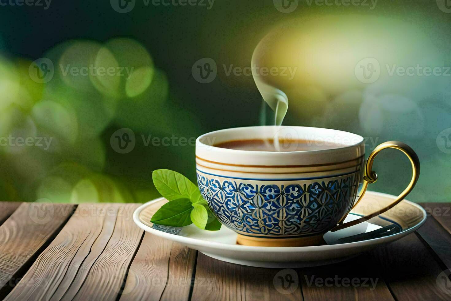 un taza de té en un de madera mesa. generado por ai foto