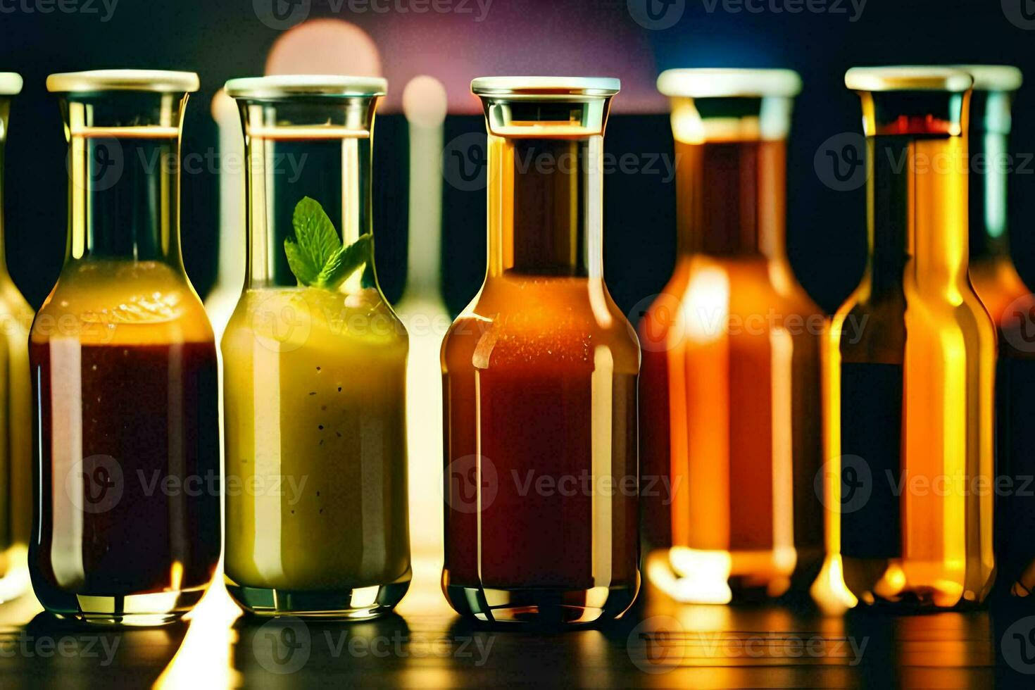 un fila de botellas con diferente de colores líquidos. generado por ai foto