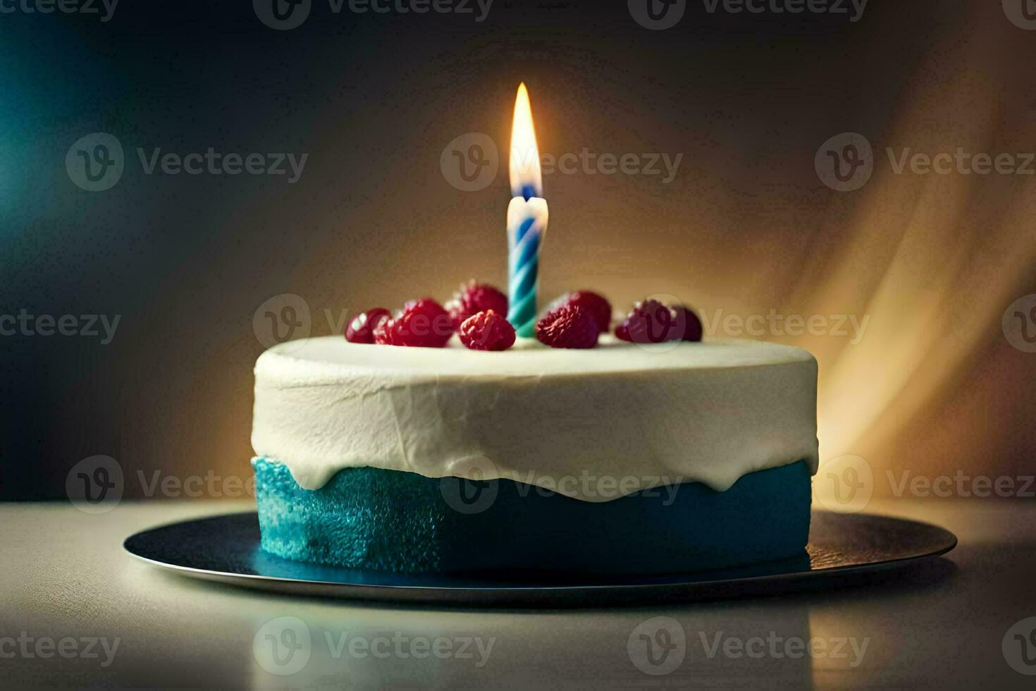 a blue and white cake with a single candle. AI-Generated photo