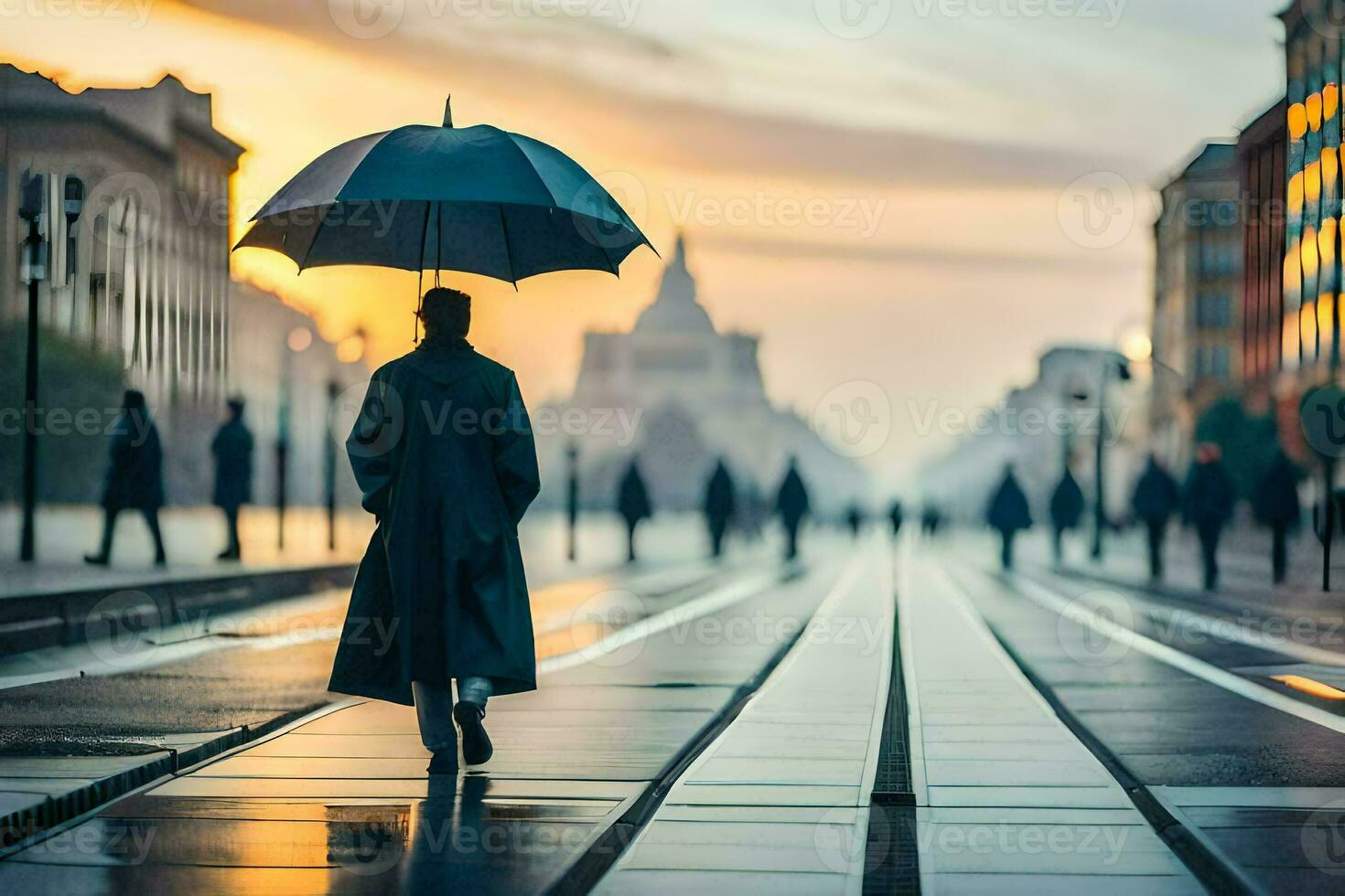 a person walking down a street with an umbrella. AI-Generated photo