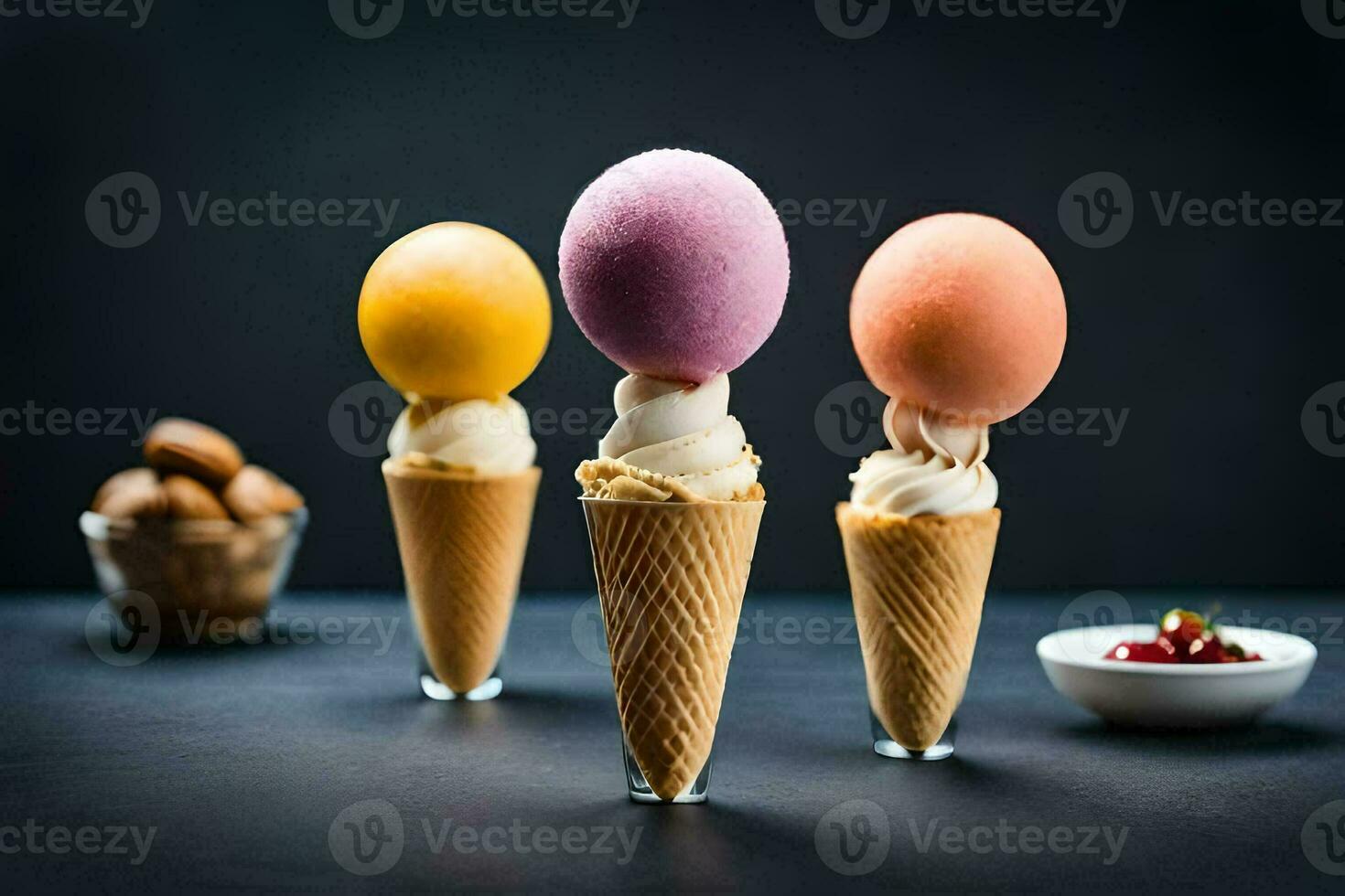 three ice cream cones with different colored eggs. AI-Generated photo