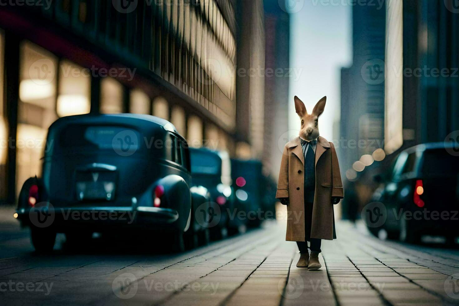 a rabbit wearing a coat and standing in the middle of a city street. AI-Generated photo