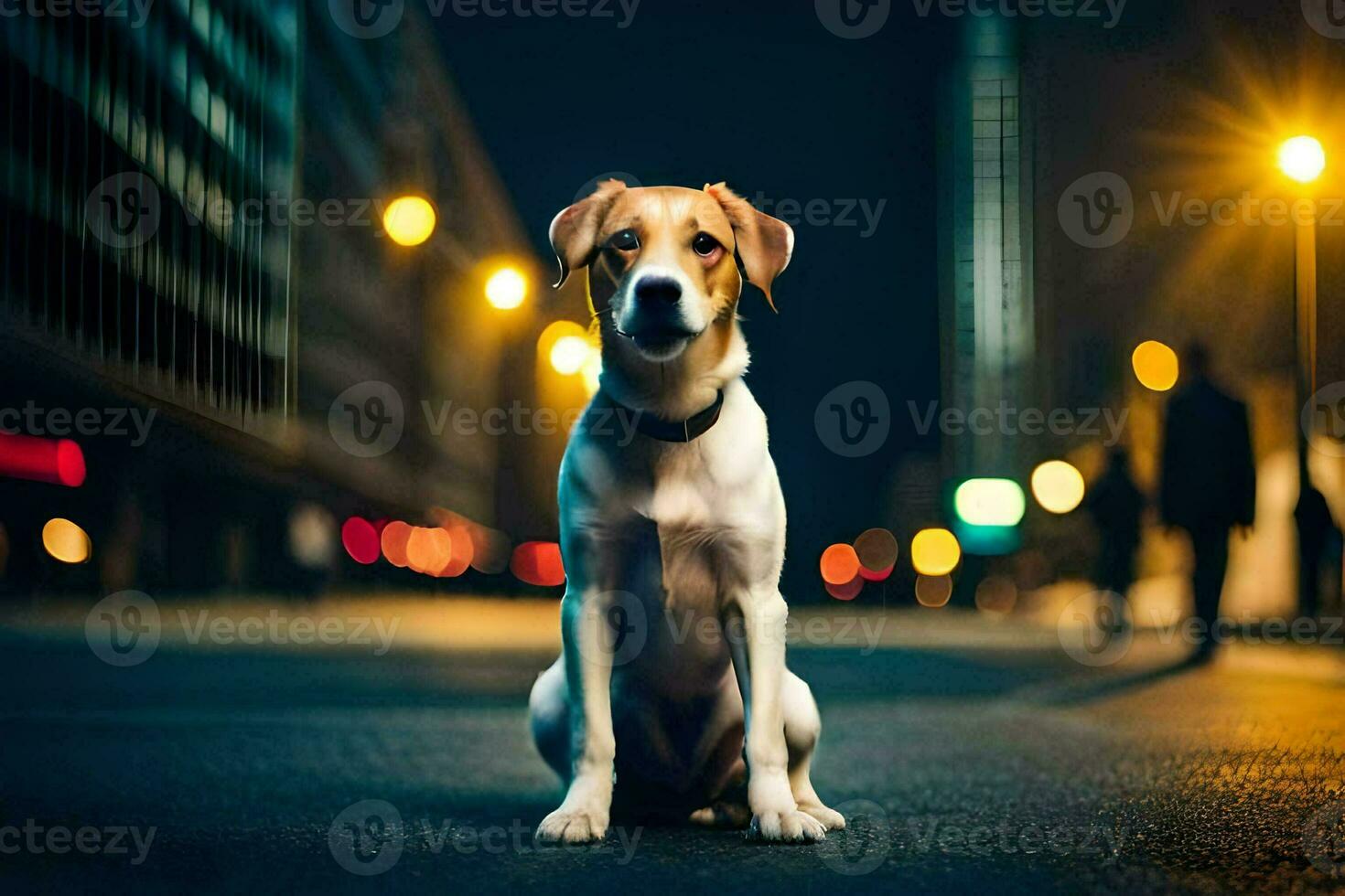 a dog sitting on the street at night. AI-Generated photo