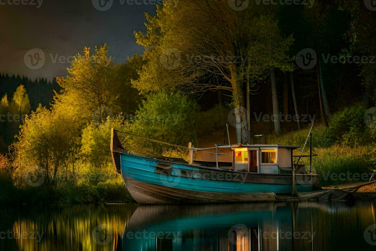 a boat sits on the shore at night. AI-Generated photo