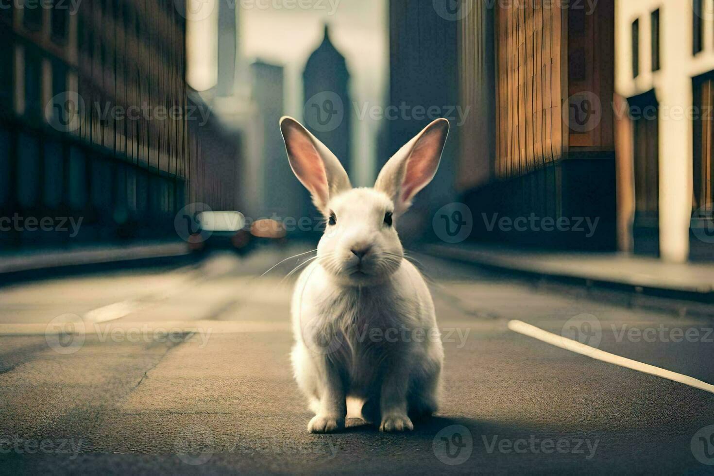 a white rabbit is sitting on the street in front of tall buildings. AI-Generated photo