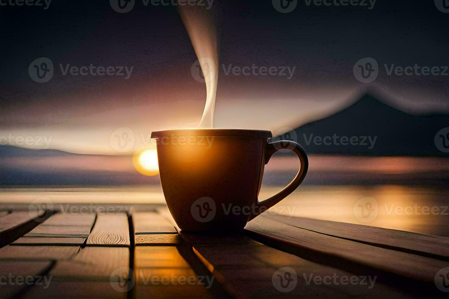a cup of coffee on a wooden table with the sun setting behind it. AI-Generated photo