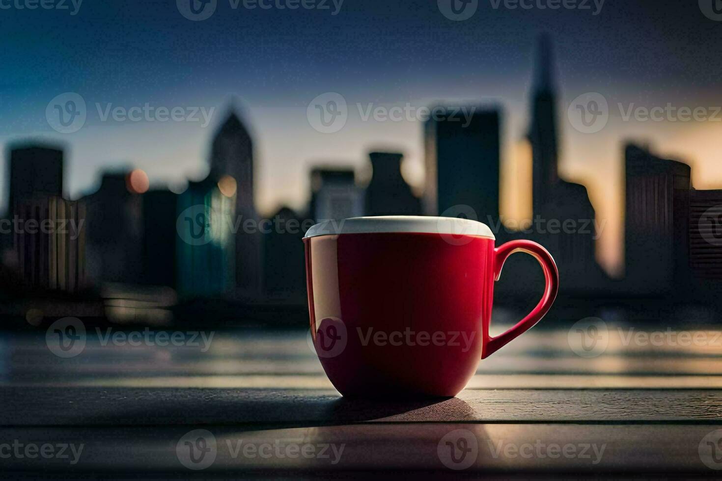 a red coffee cup sits on a table in front of a city skyline. AI-Generated photo