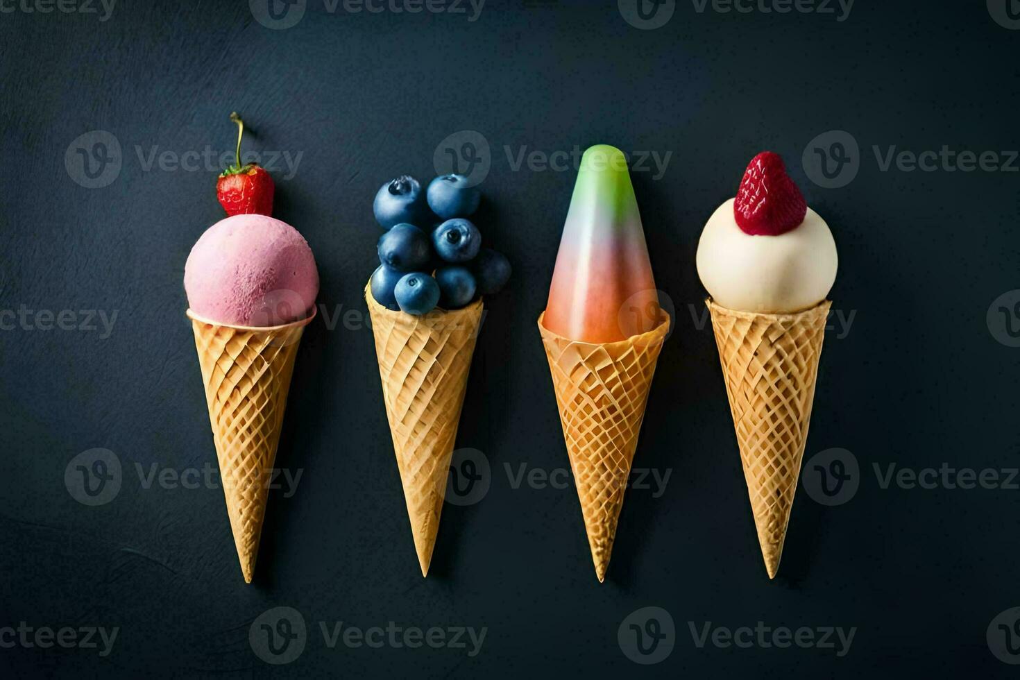 four ice cream cones with different flavors. AI-Generated photo