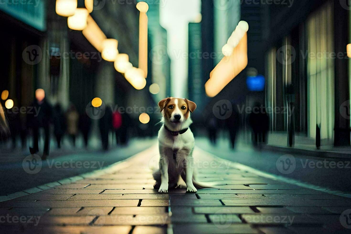a dog sitting on the street in a city. AI-Generated photo