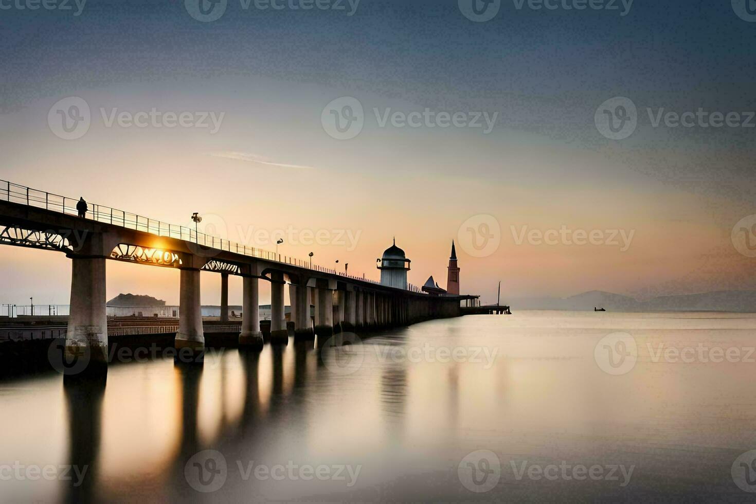 the pier at sunset with a lighthouse in the background. AI-Generated photo