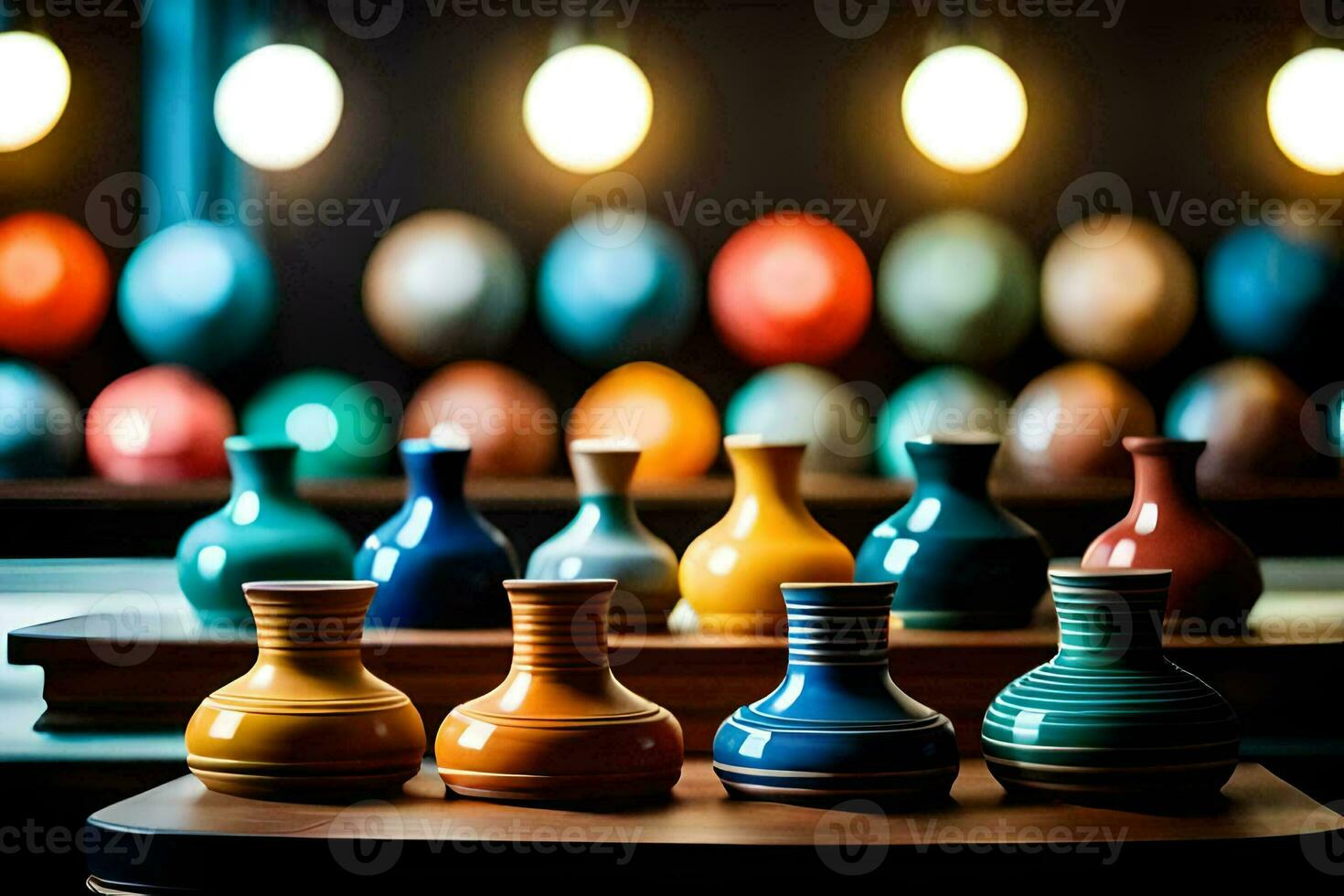 colorful vases on a table in front of a light. AI-Generated photo