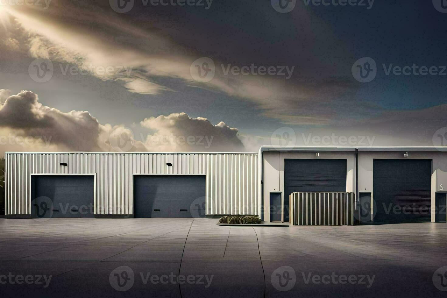 un grande industrial edificio con dos garaje puertas generado por ai foto