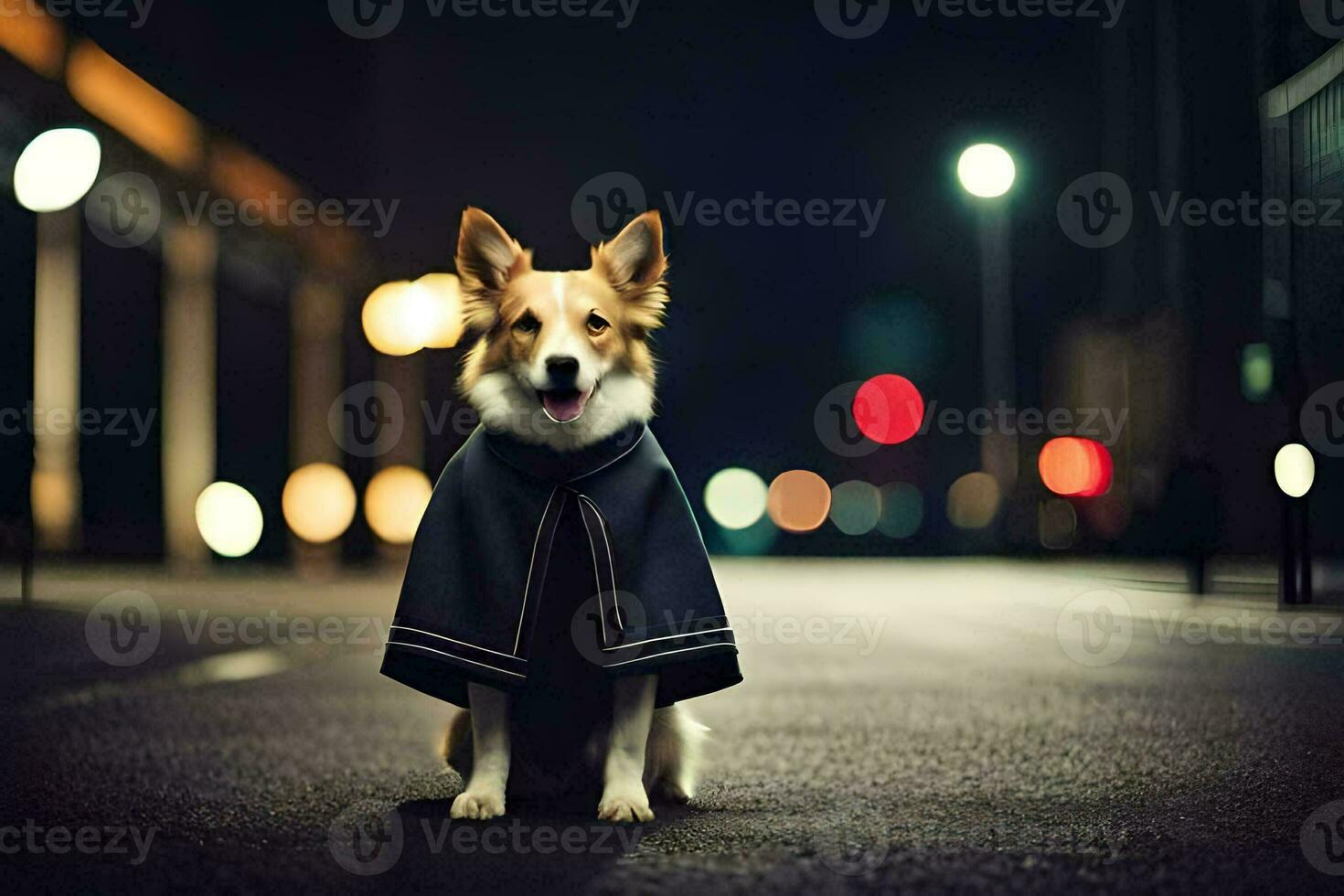 a dog wearing a cape on the street at night. AI-Generated photo