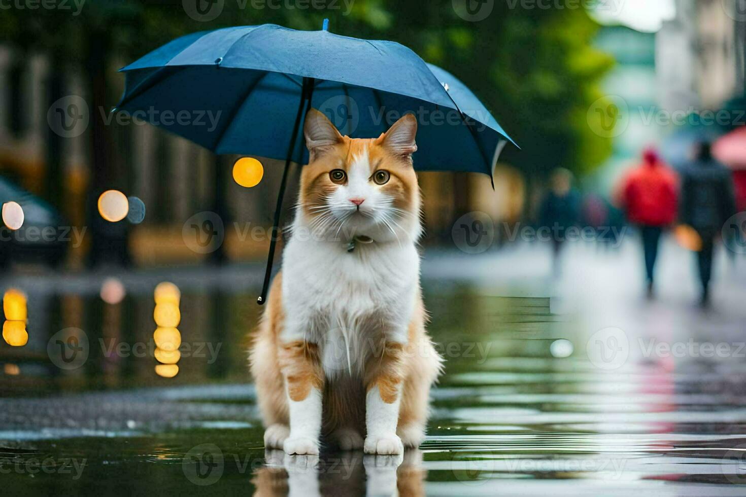 un gato es en pie en el lluvia con un sombrilla. generado por ai foto