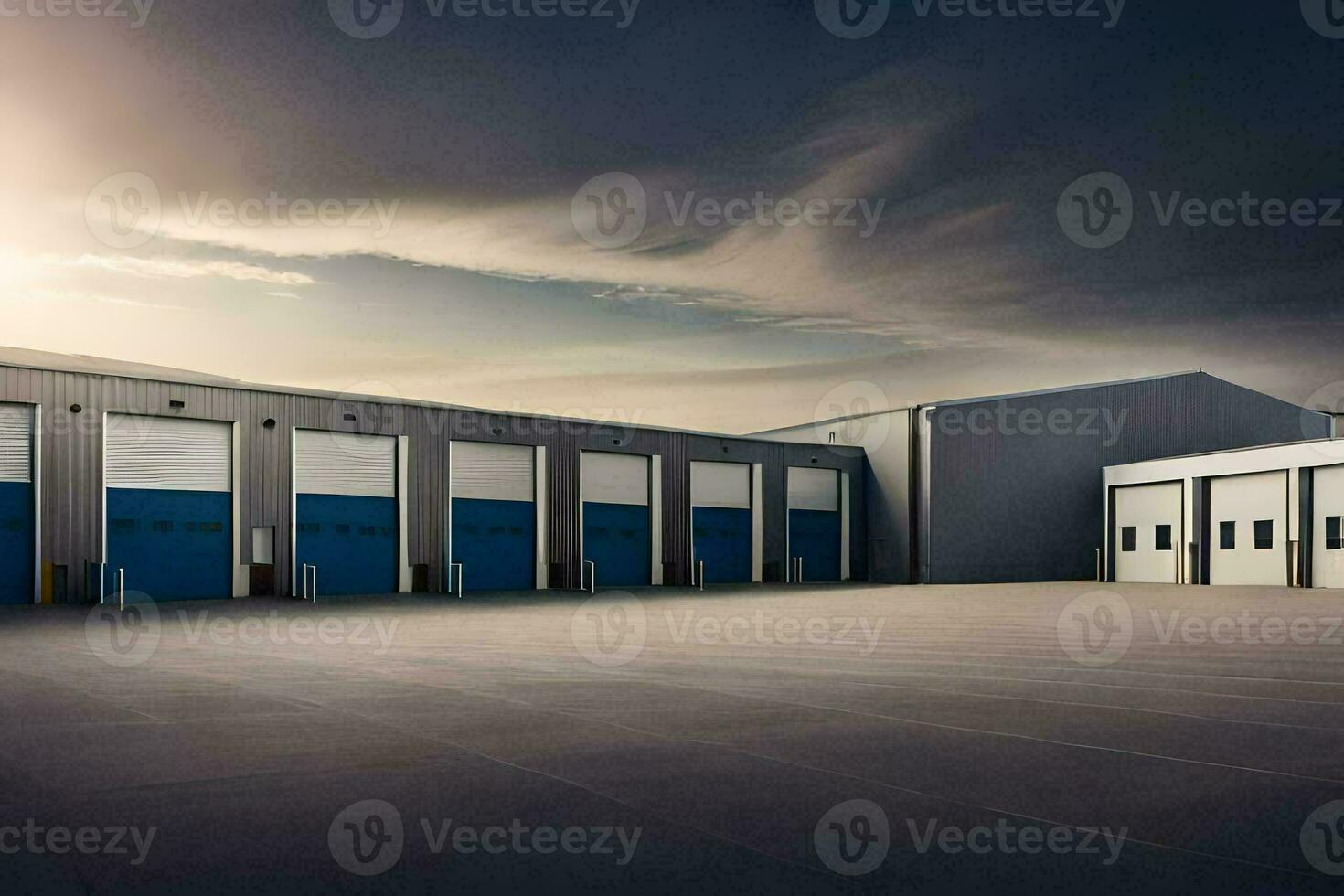 a large warehouse with blue doors and a sky. AI-Generated photo