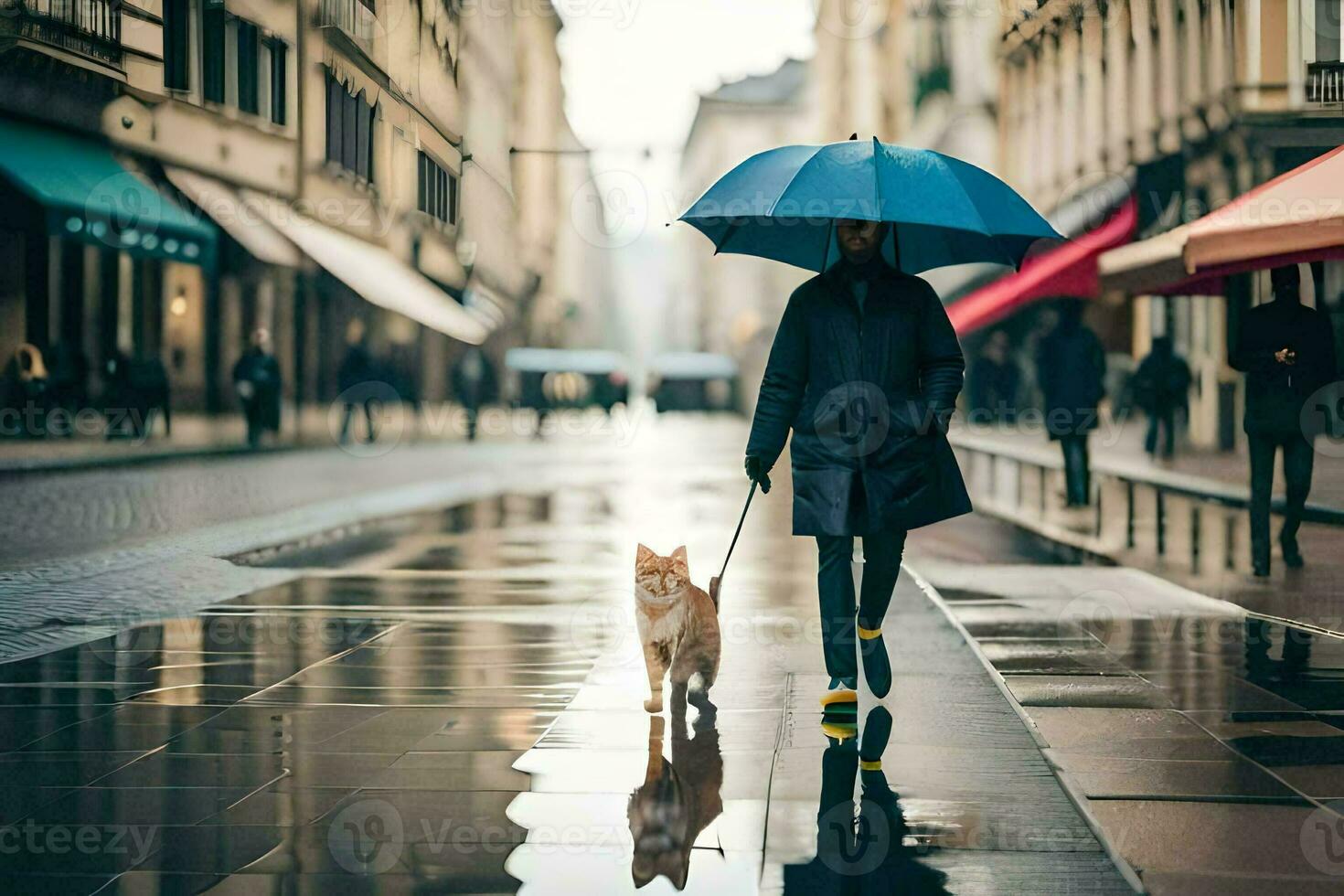 un mujer caminando su perro en el lluvia con un sombrilla. generado por ai foto