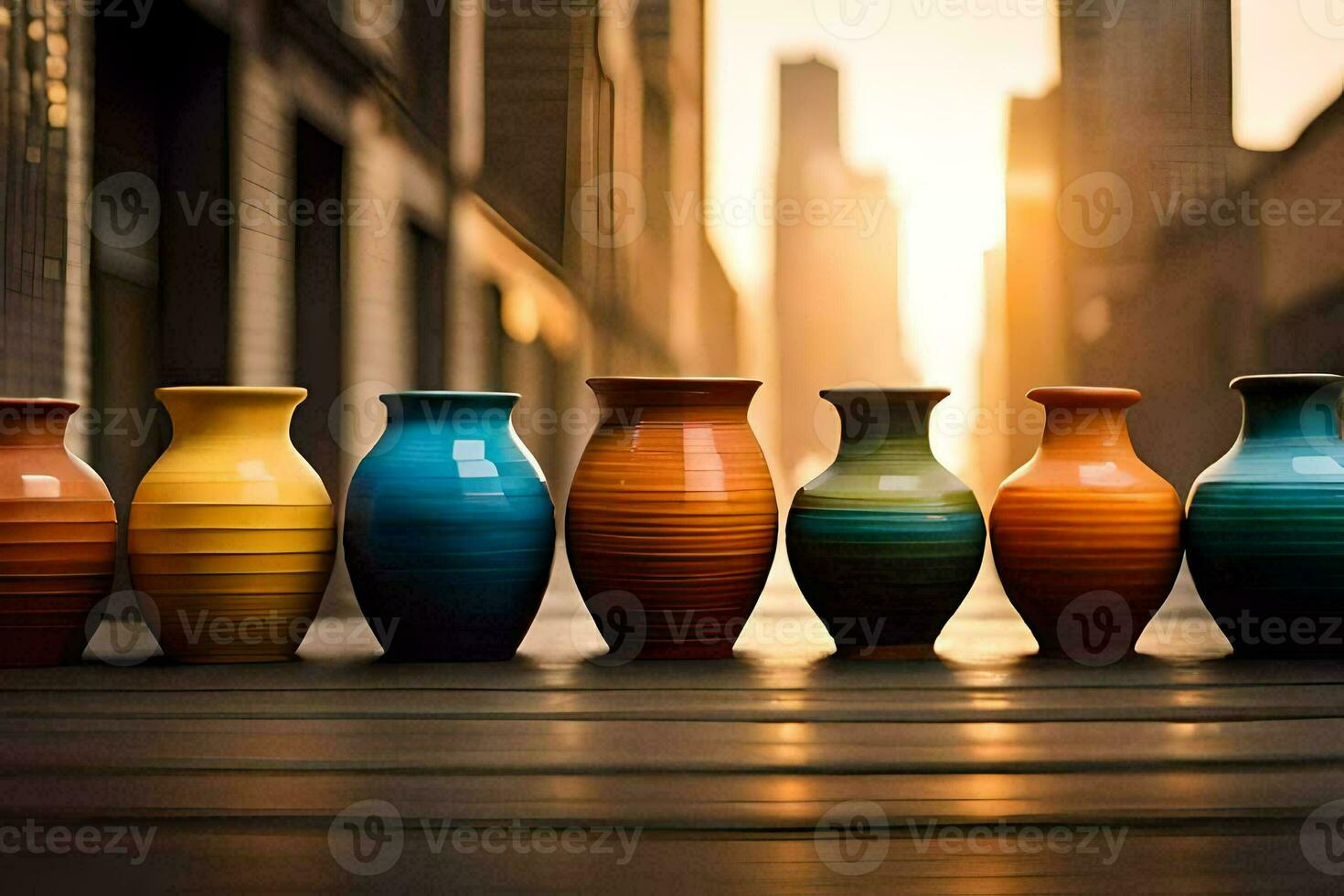 five colorful vases are lined up on a wooden floor. AI-Generated photo