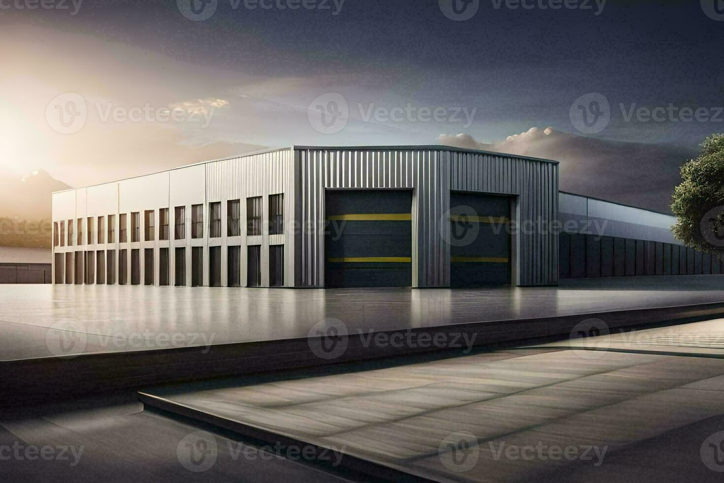 a large industrial building with a sun setting behind it. AI-Generated photo