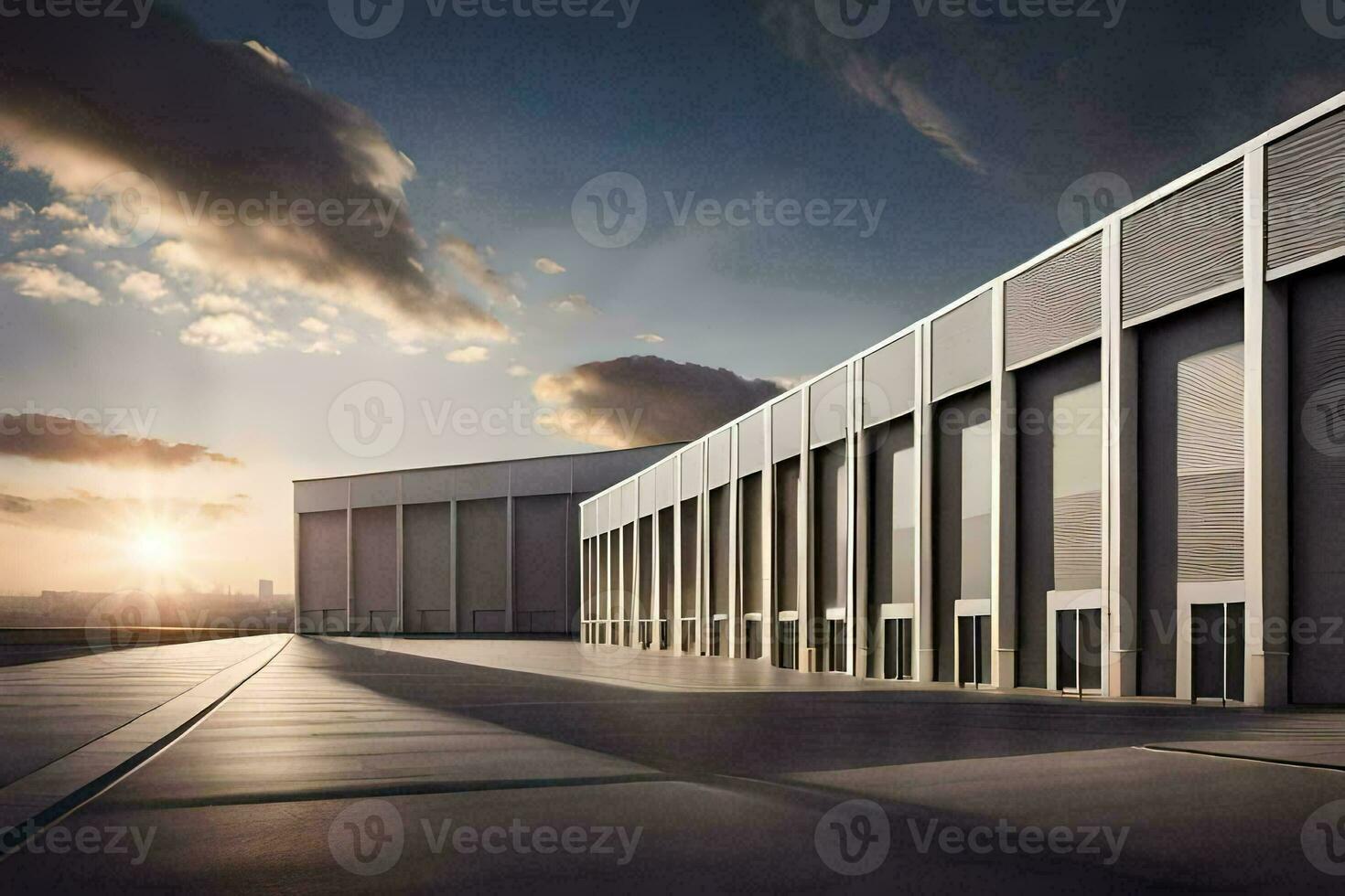 a large warehouse building with a sun setting behind it. AI-Generated photo