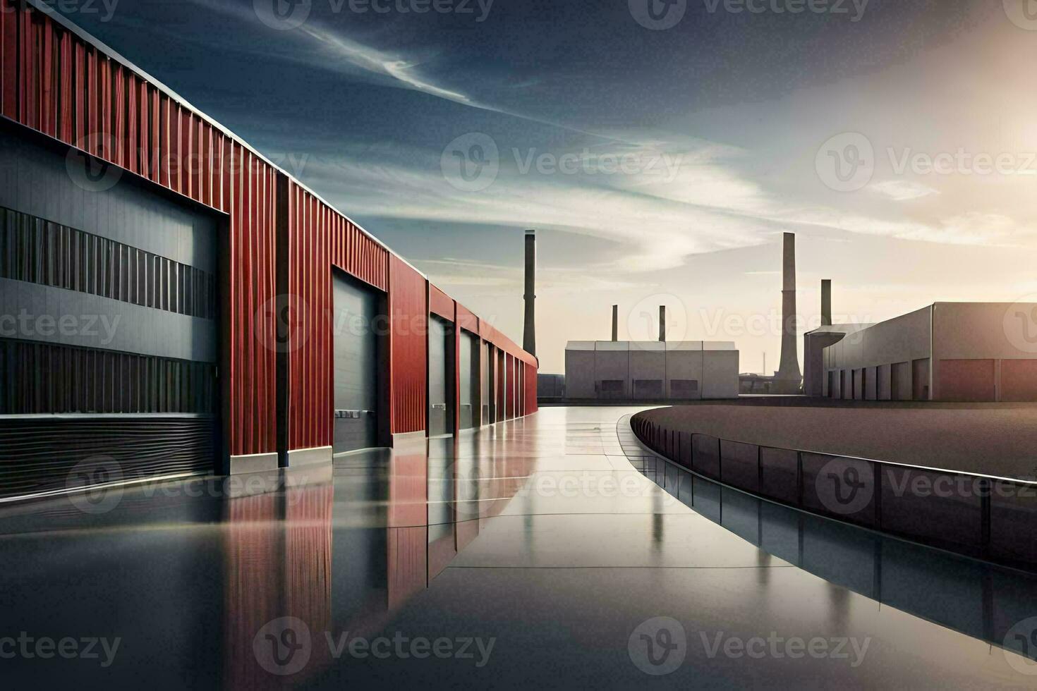 a factory building with a large garage door. AI-Generated photo