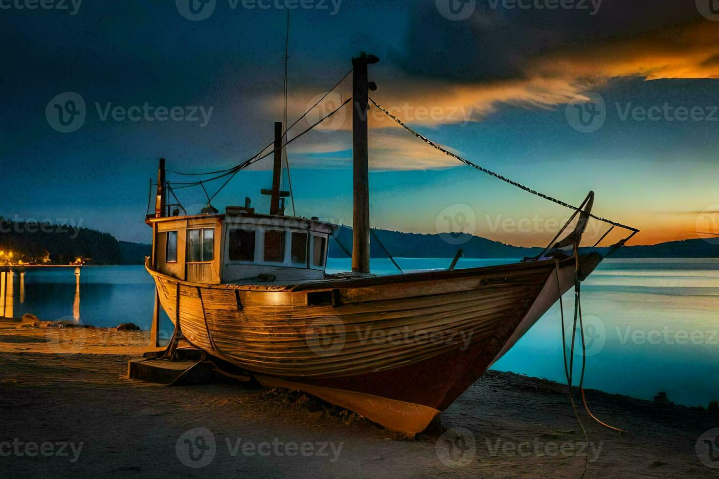 a boat sits on the shore at dusk. AI-Generated photo