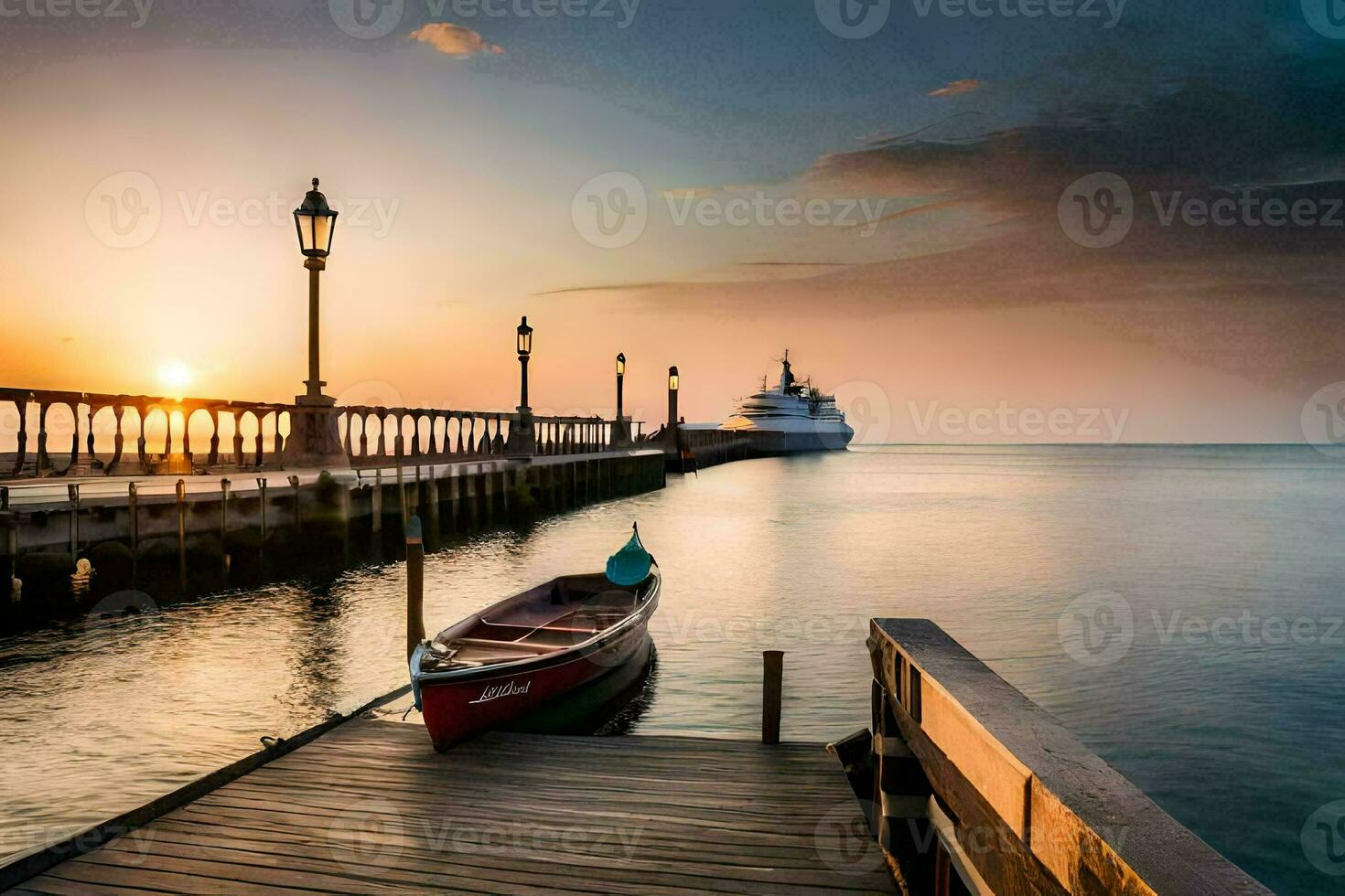 a boat sits on the dock at sunset. AI-Generated photo