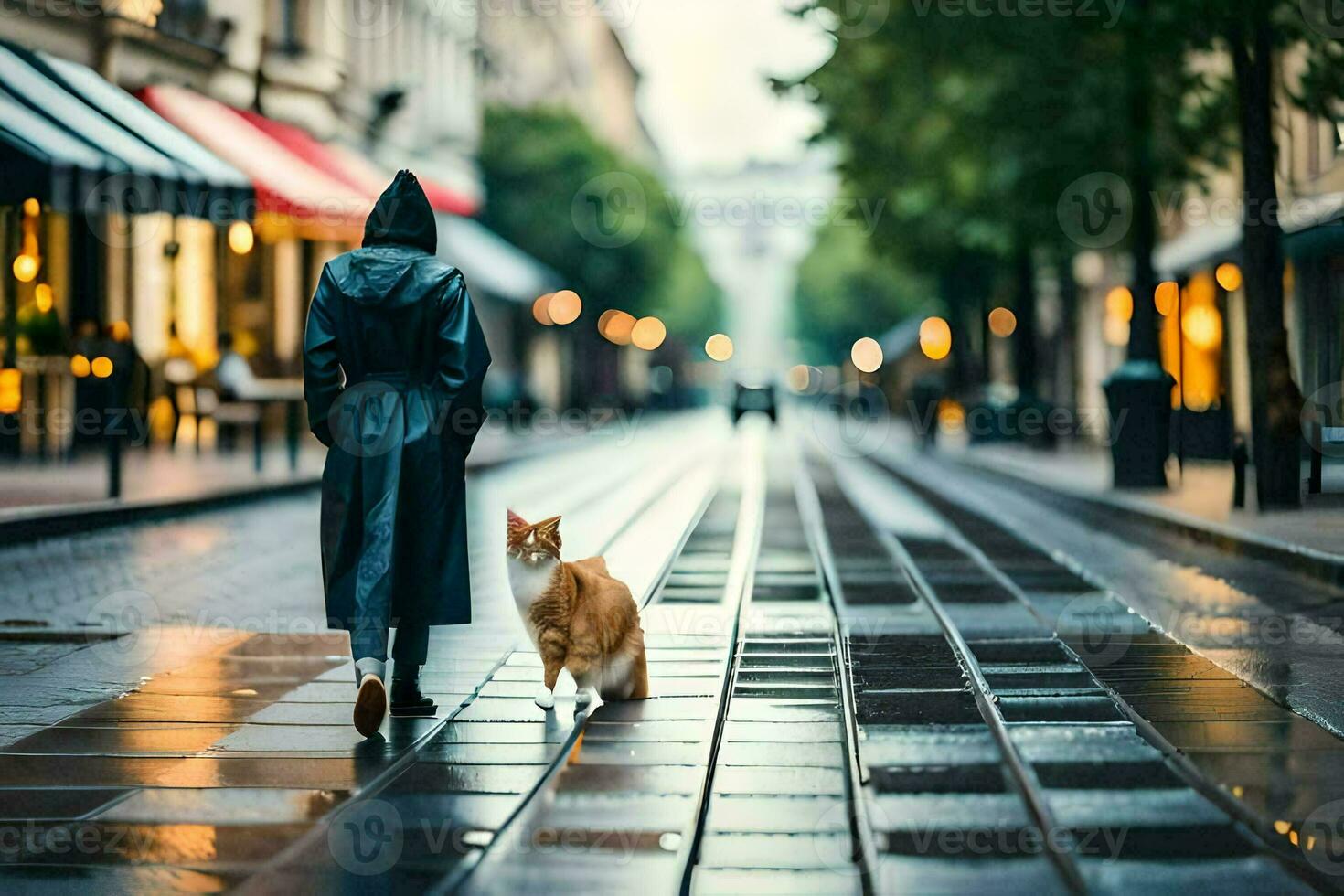 a woman walking with a cat on a rainy street. AI-Generated photo