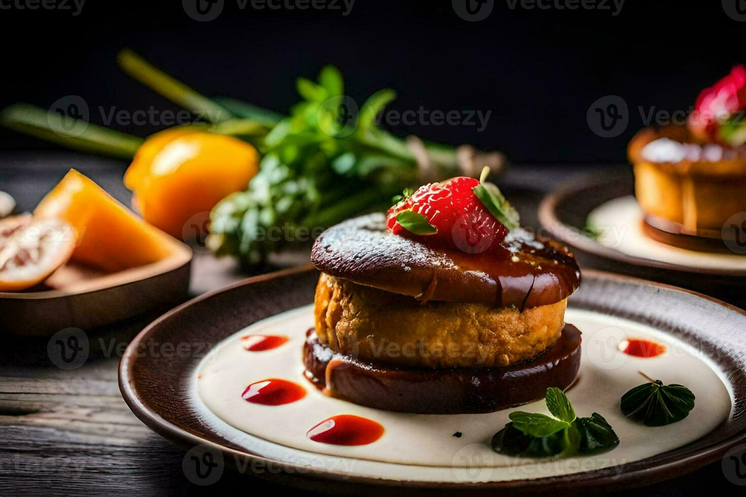 a dessert on a plate with strawberries and oranges. AI-Generated photo