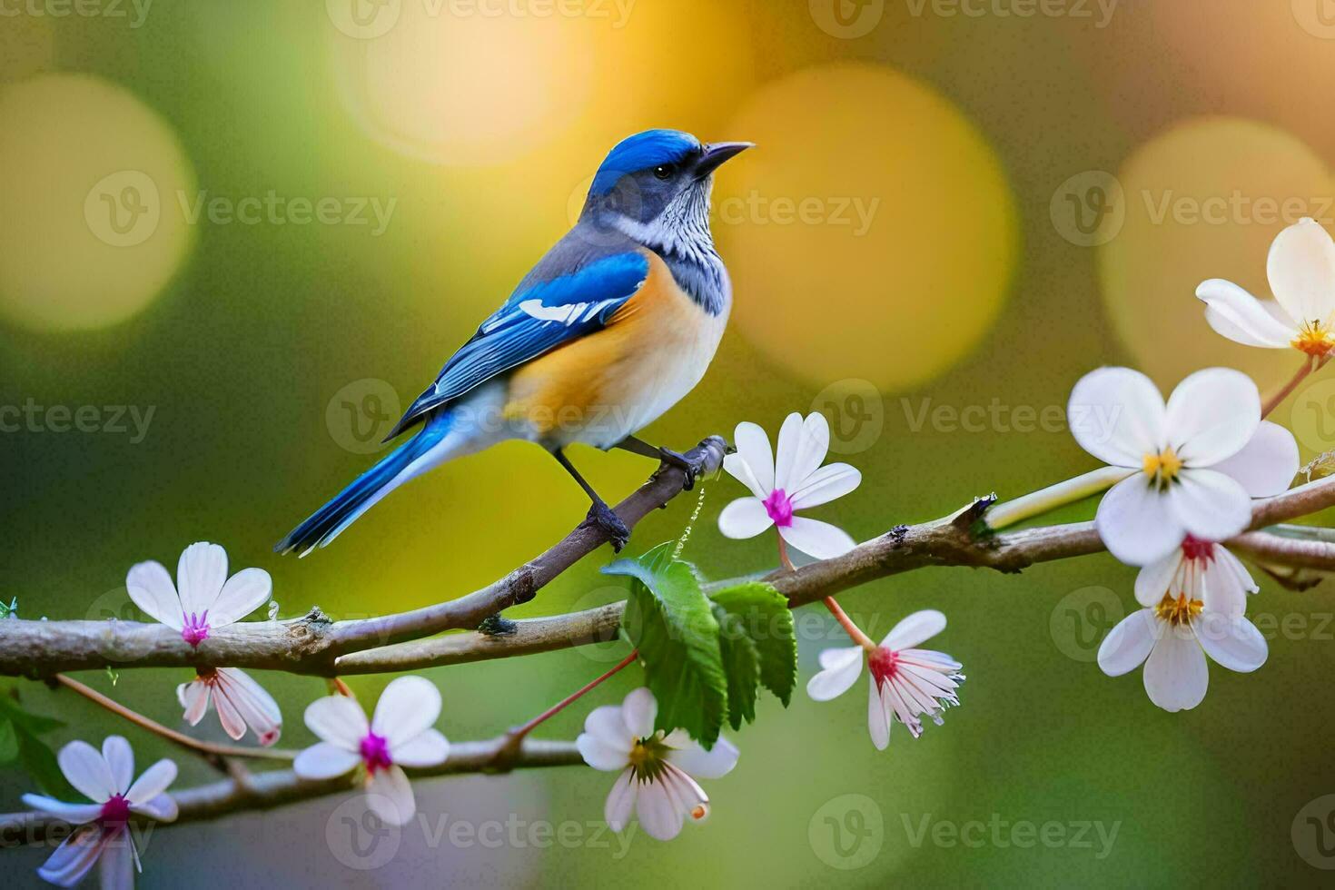 a blue and white bird is perched on a branch with flowers. AI-Generated photo