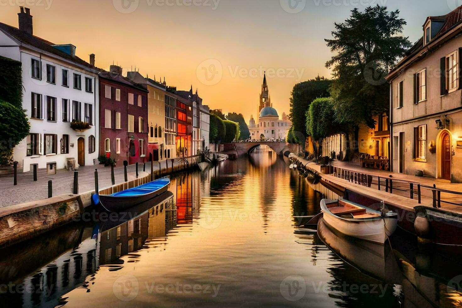 un canal en el medio de un ciudad con barcos generado por ai foto
