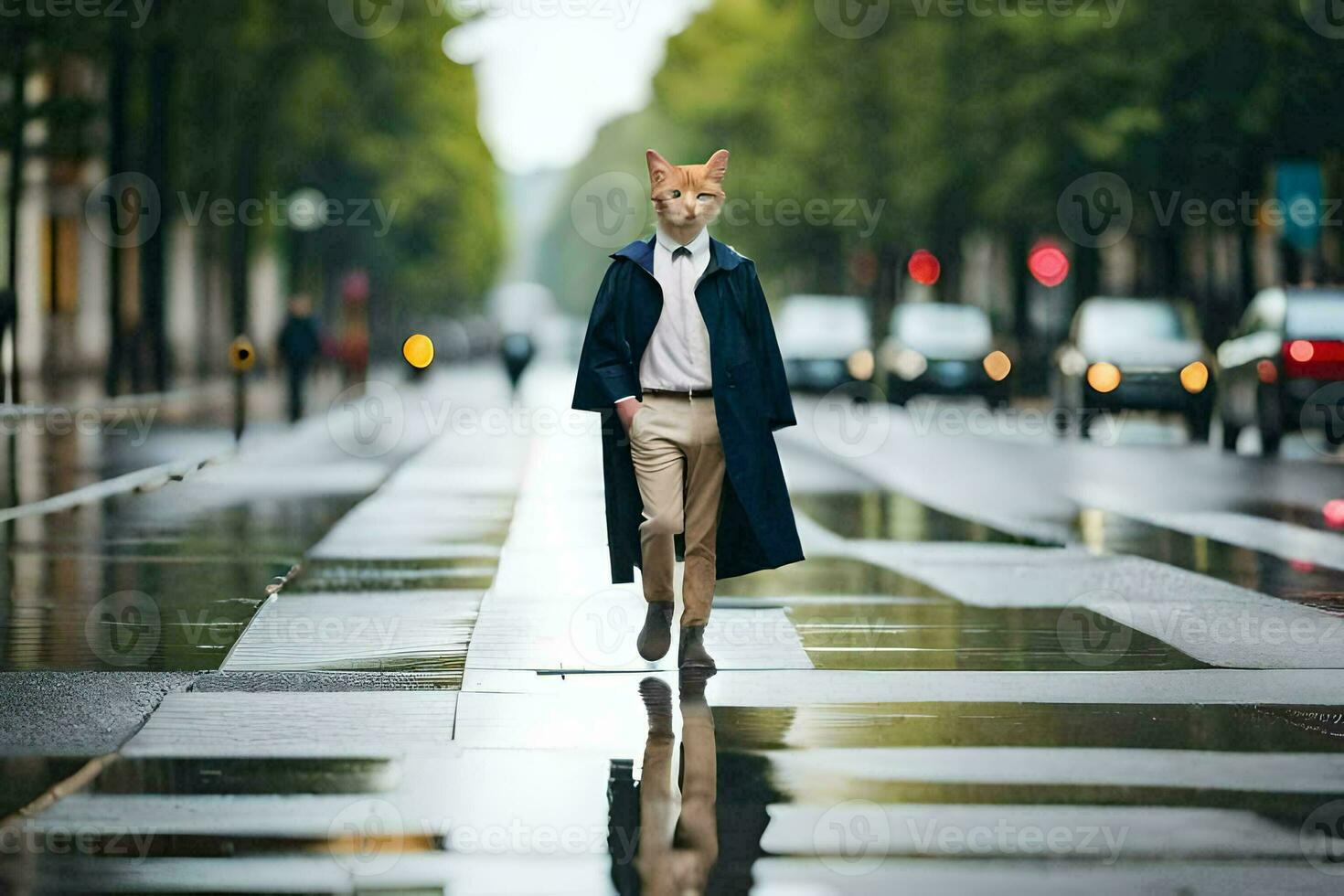 a man in a suit and tie walking down a wet street. AI-Generated photo