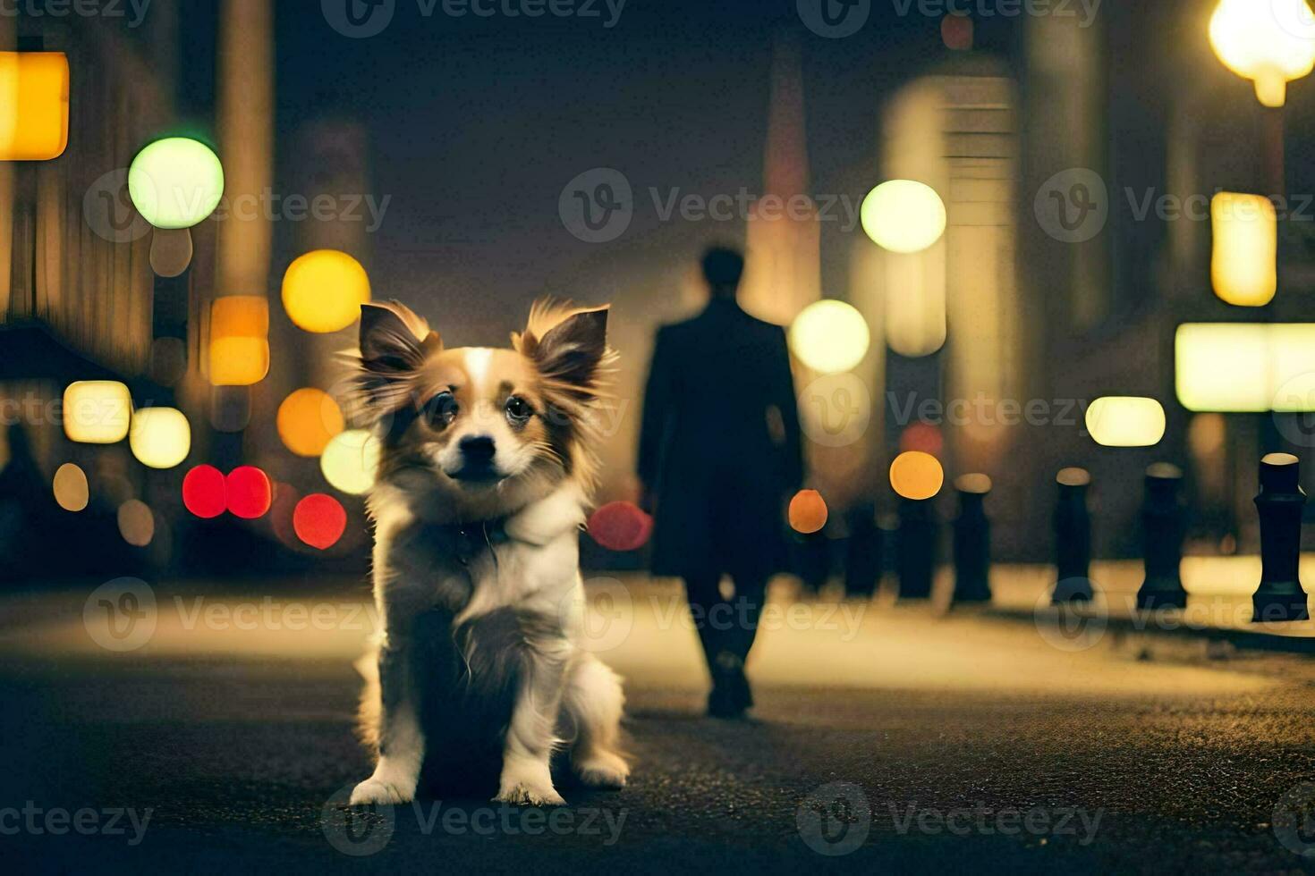 a dog sitting on the street at night. AI-Generated photo