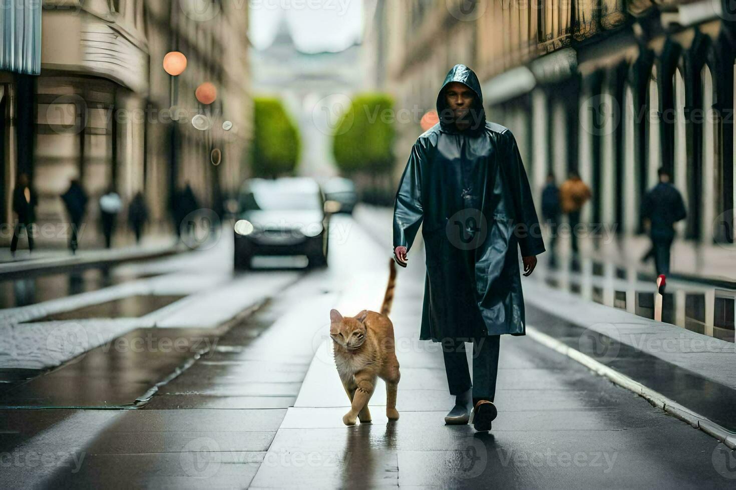 a man in a raincoat walking with a cat. AI-Generated photo